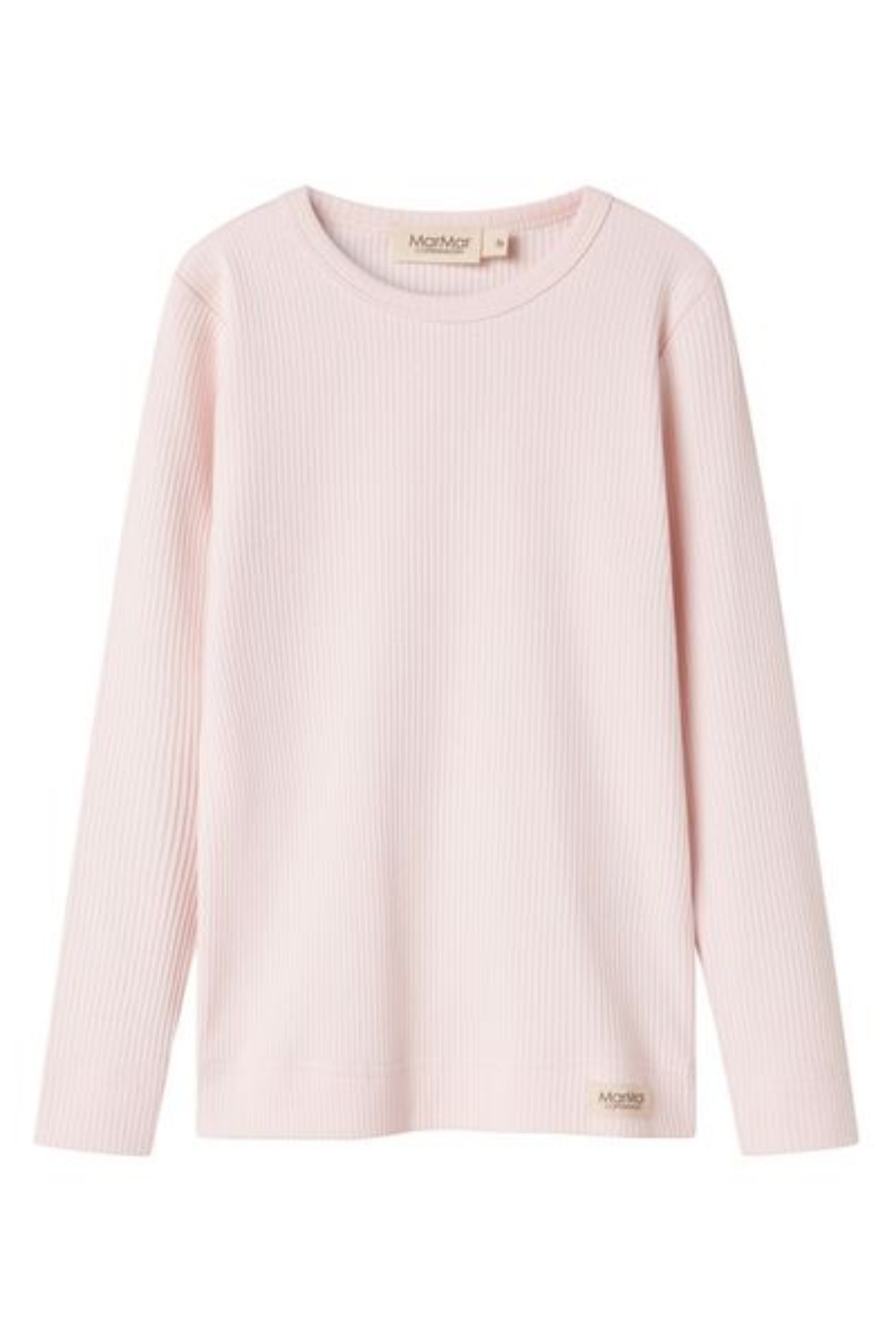 A light pink ribbed long-sleeve crewneck top by Maison Mihara, shown flat against a plain white background.