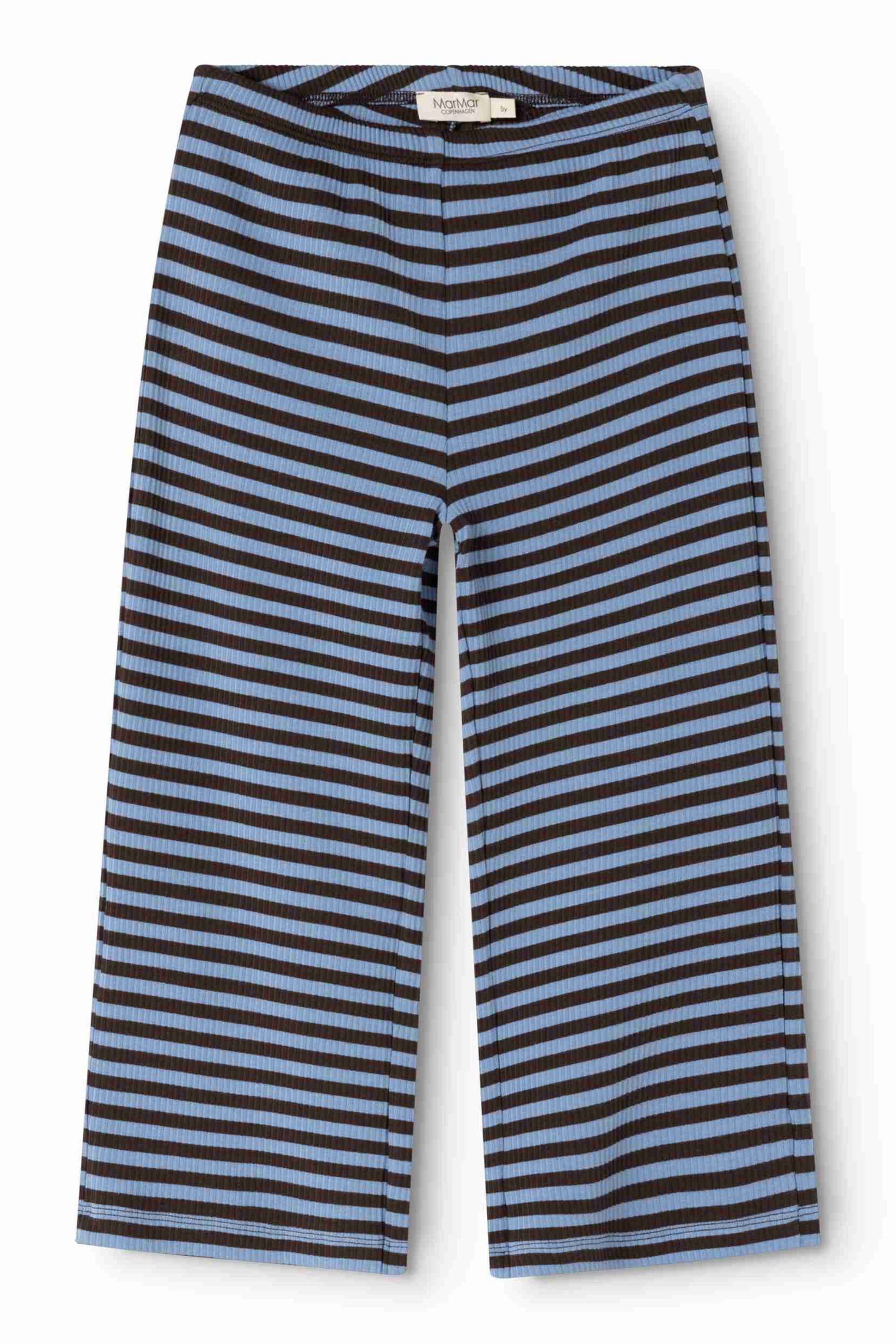 A pair of cropped knit pants featuring horizontal stripes in black and light blue, displayed flat against a white background.