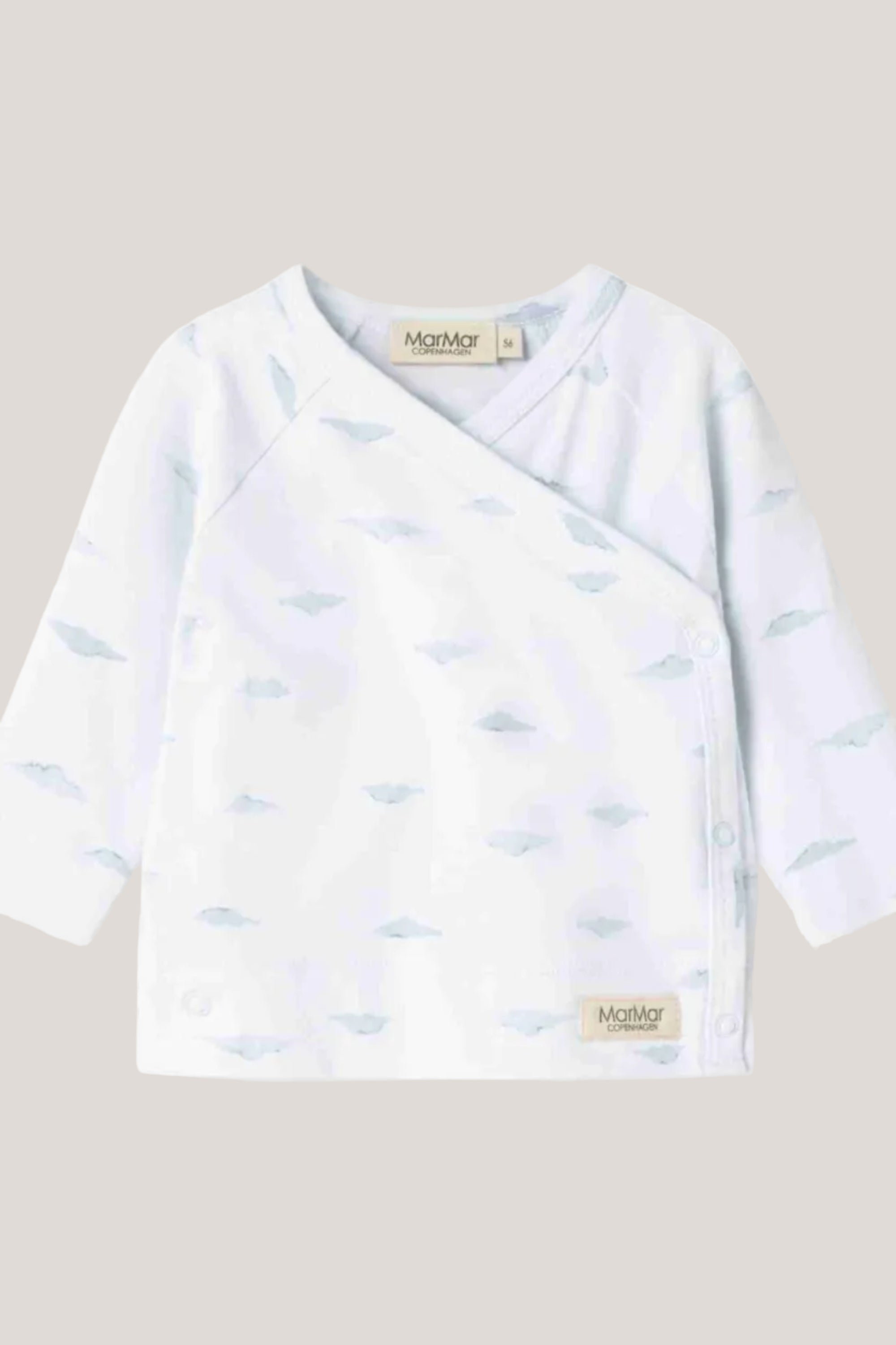 A white long-sleeve baby wrap jacket with a light blue cloud pattern, featuring a V-neck and snap closures, shown on a plain white background.