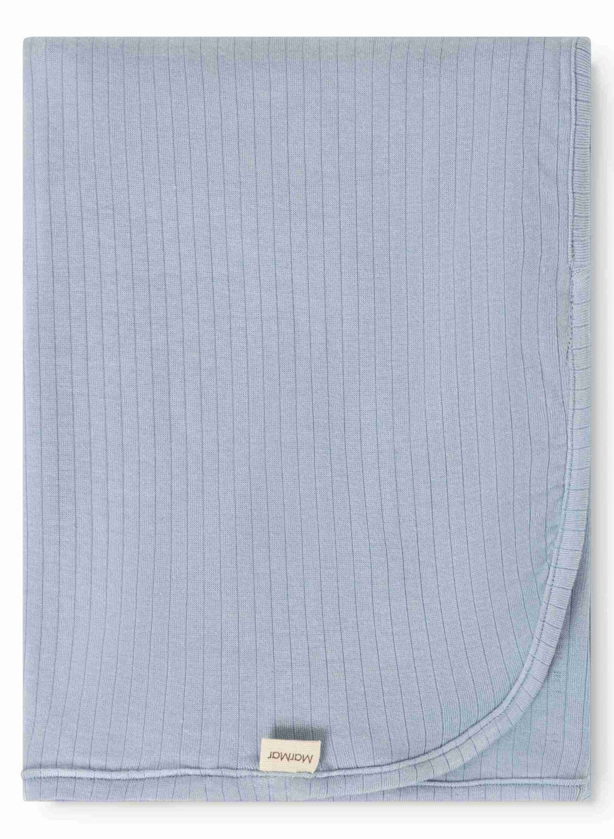Blue textured blanket with a brand label on a white background