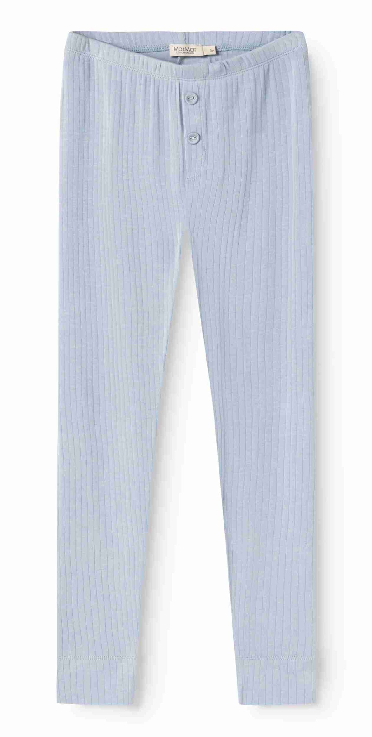 Light blue and white vertically striped ribbed knit pants with a buttoned henley waistband, shown flat on a white background.