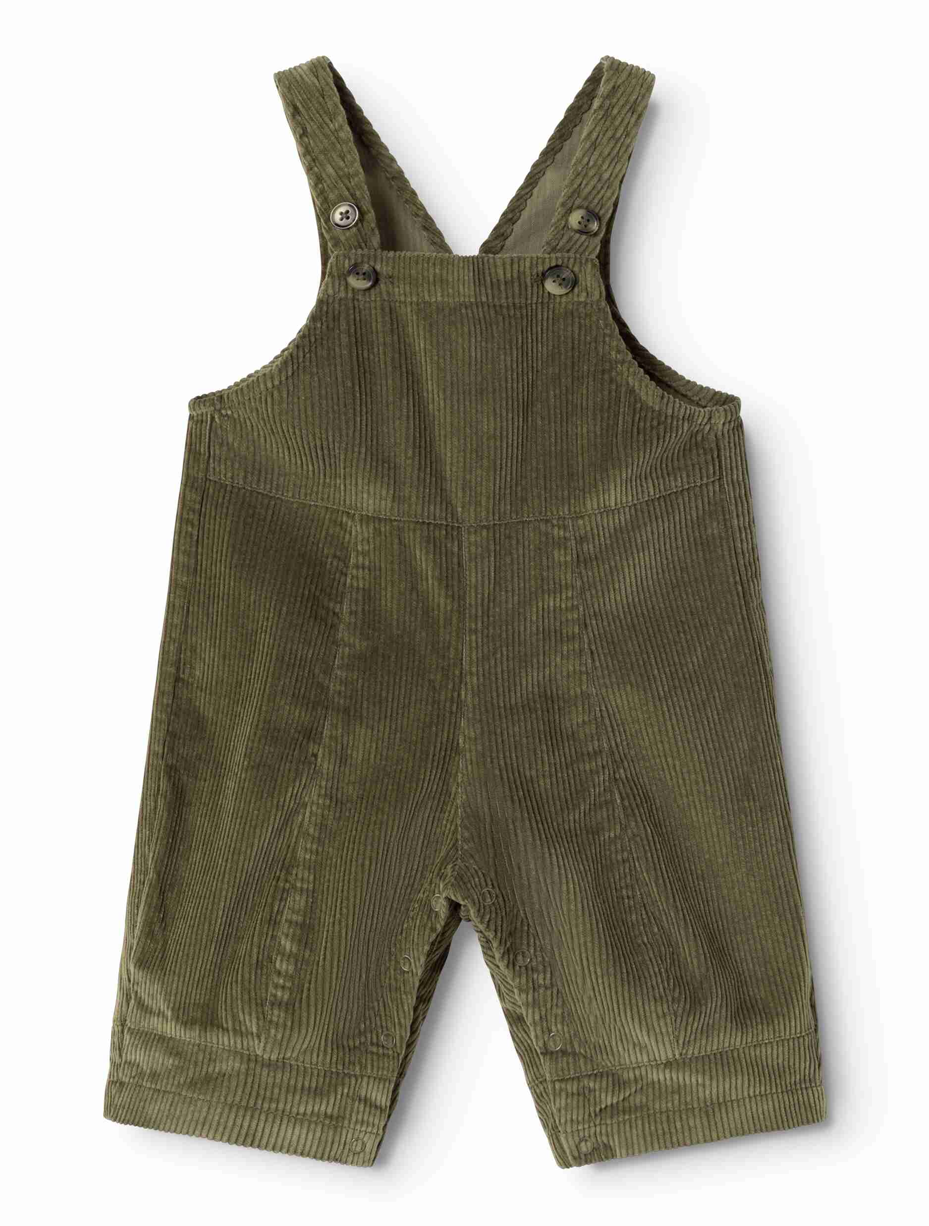 An olive green corduroy baby overall romper with adjustable shoulder straps and metal snap buttons, shown flat on a white background.