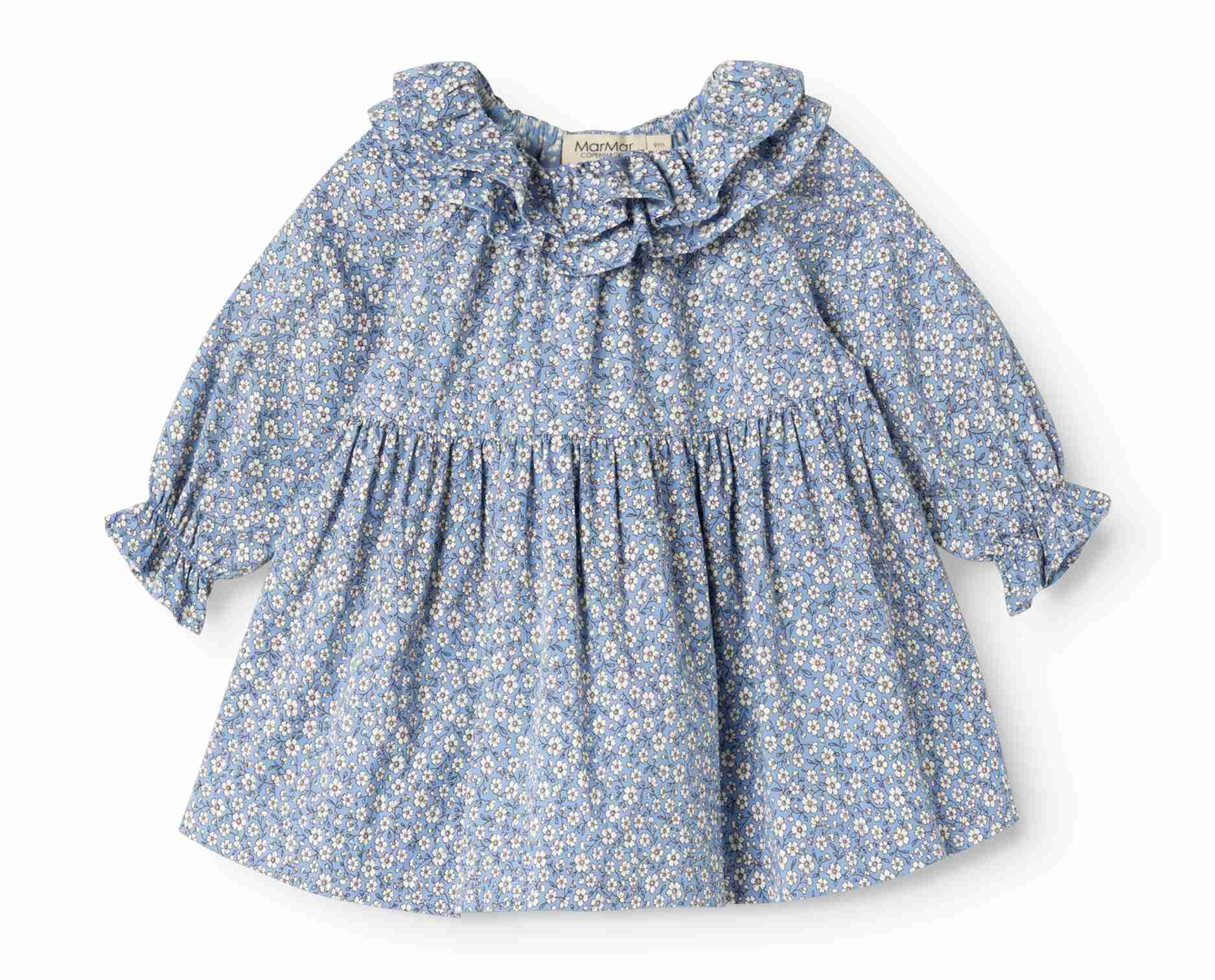 Blue floral dress with a bow neckline on a white background