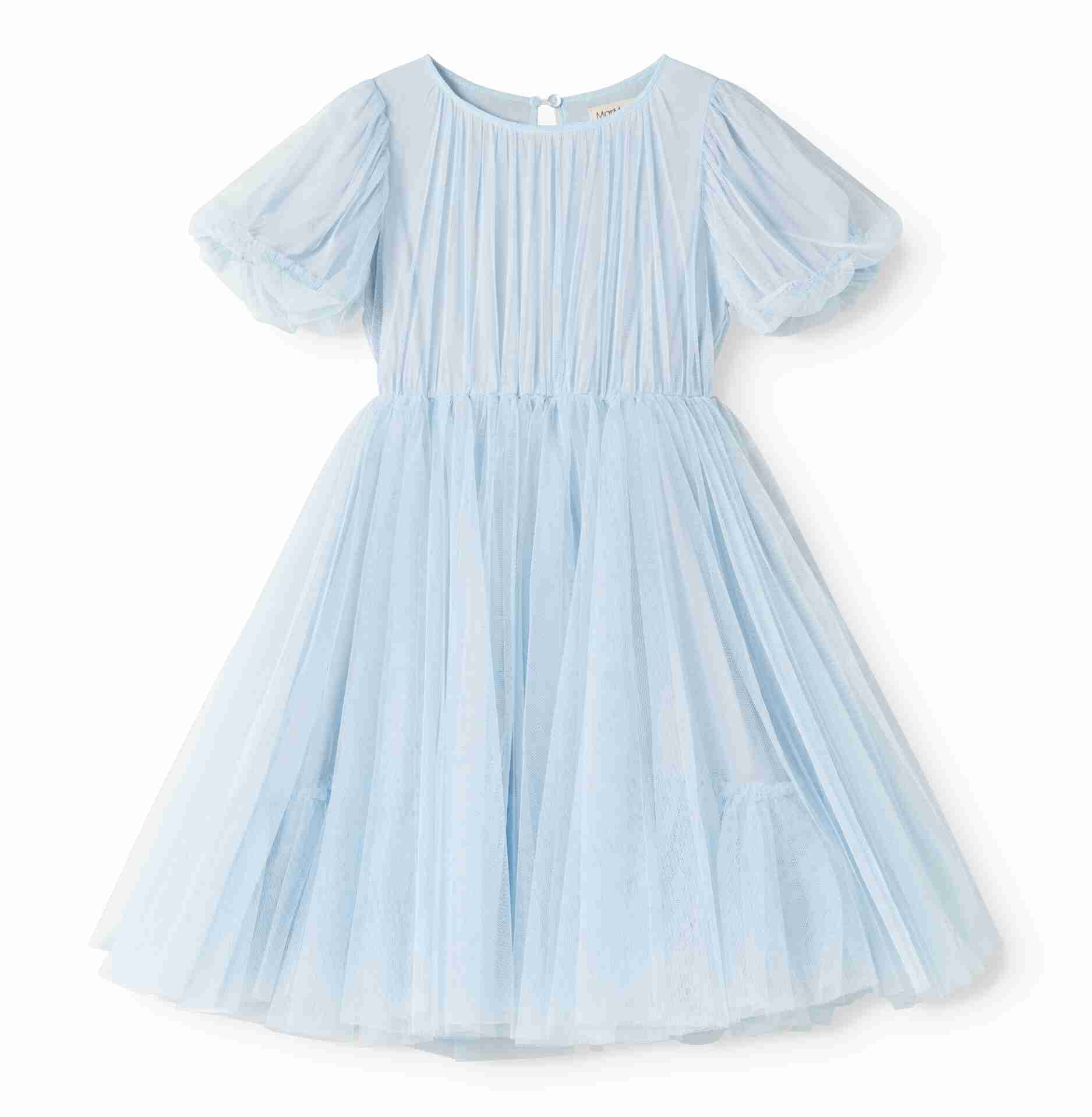 A light blue tulle dress for toddlers or young girls, featuring a pleated bodice, short puff sleeves, and a flared skirt, shown against a plain white background.
