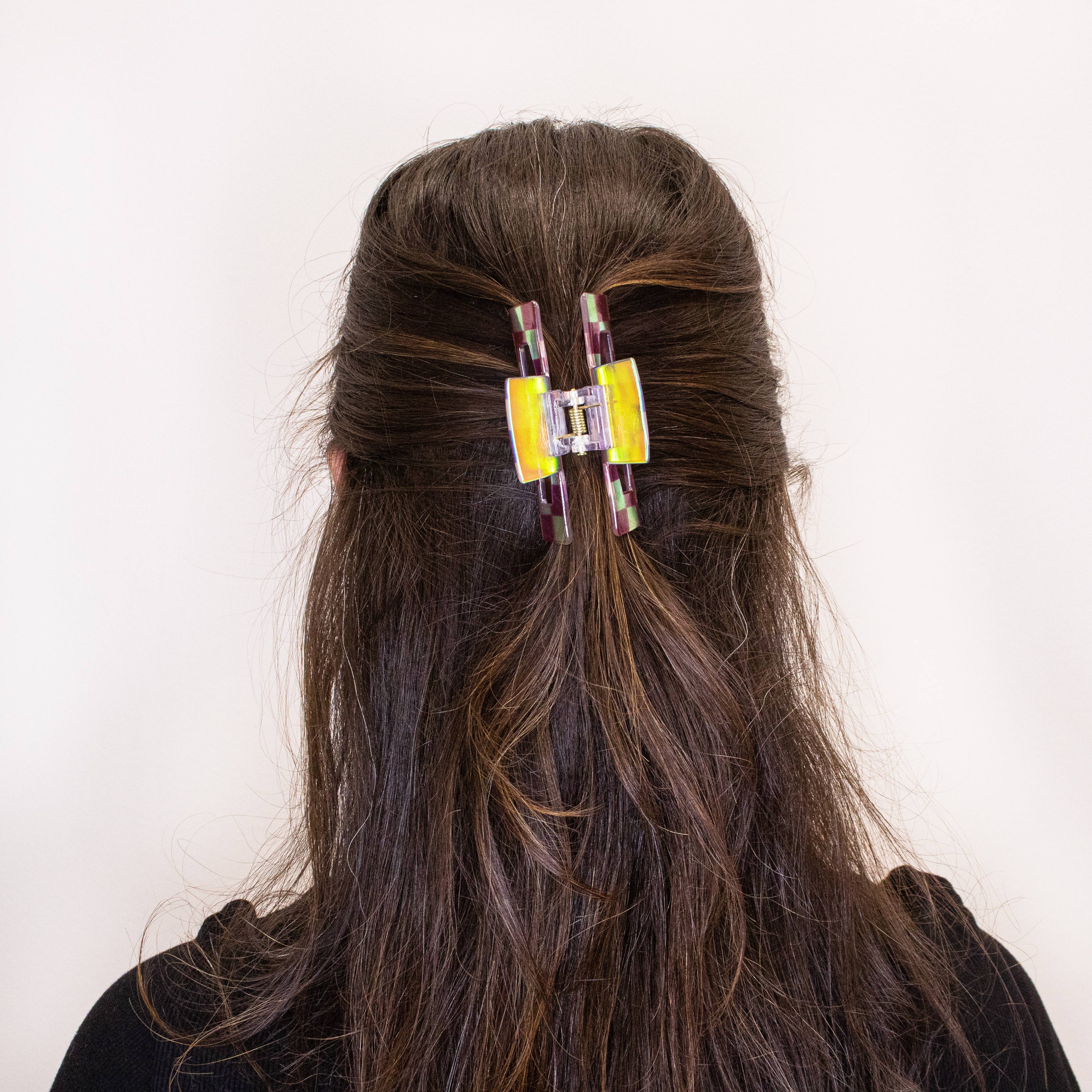 Medium Square Iridescent Checkered Hair Claw Clip - Multiple Colors