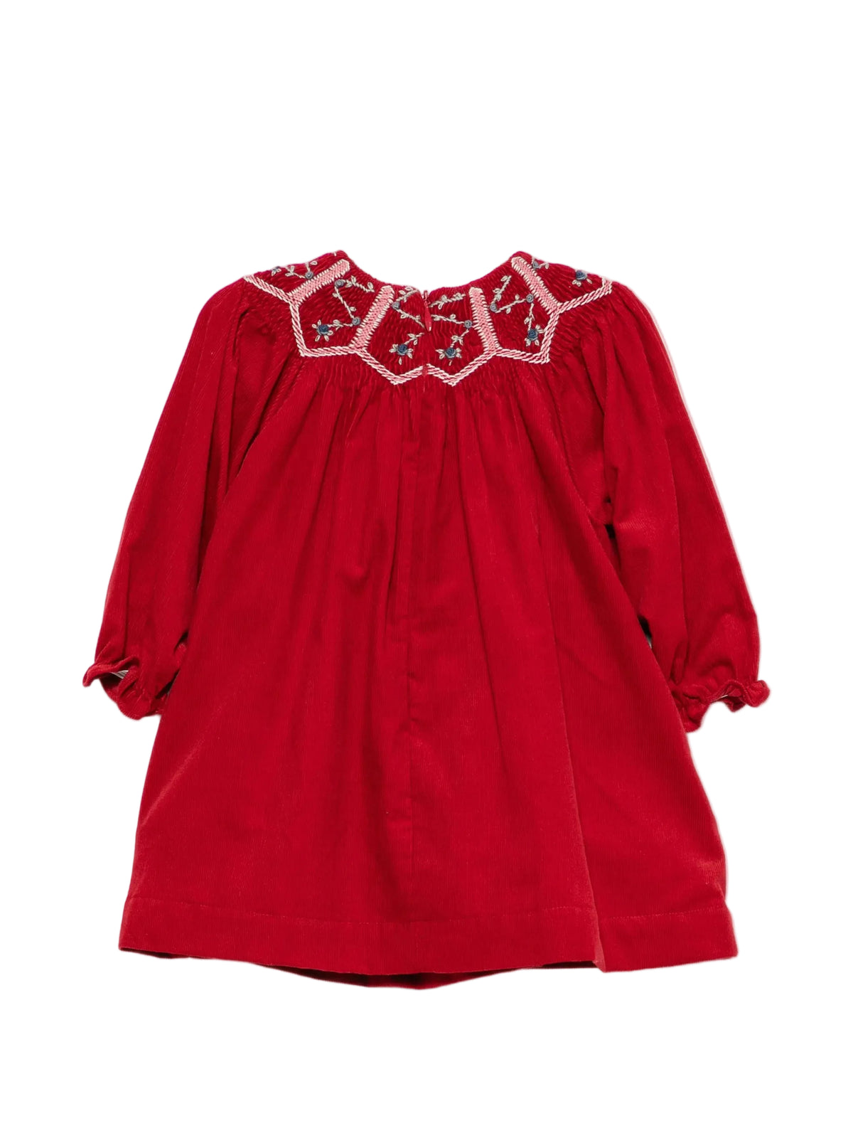 A red long-sleeve blouse with a decorative embroidered yoke and gathered neckline, shown flat against a white background.