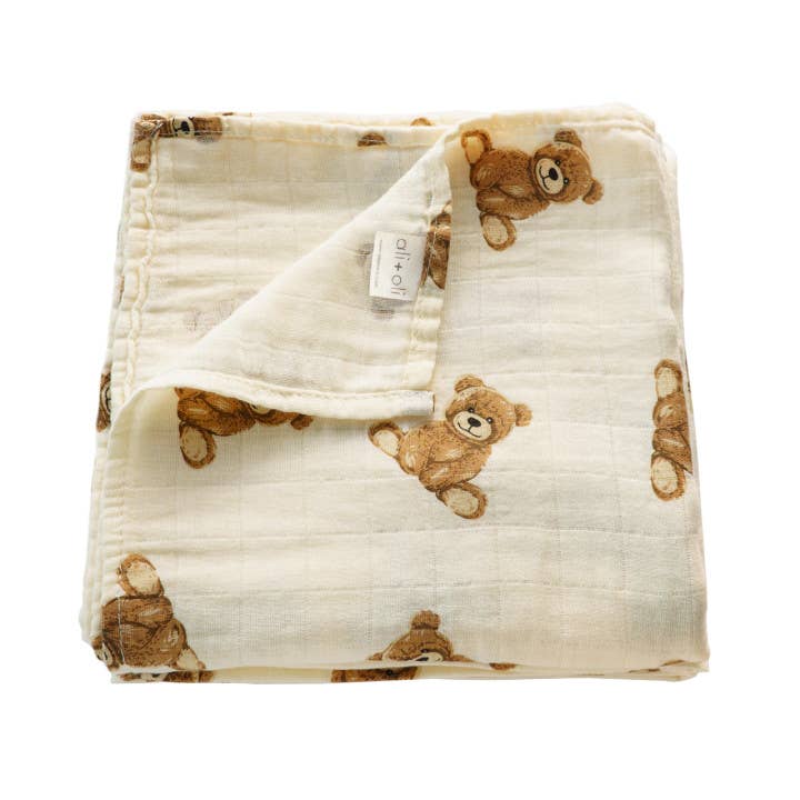 Bamboo Muslin Swaddle Baby Blanket - Teddy Bear
