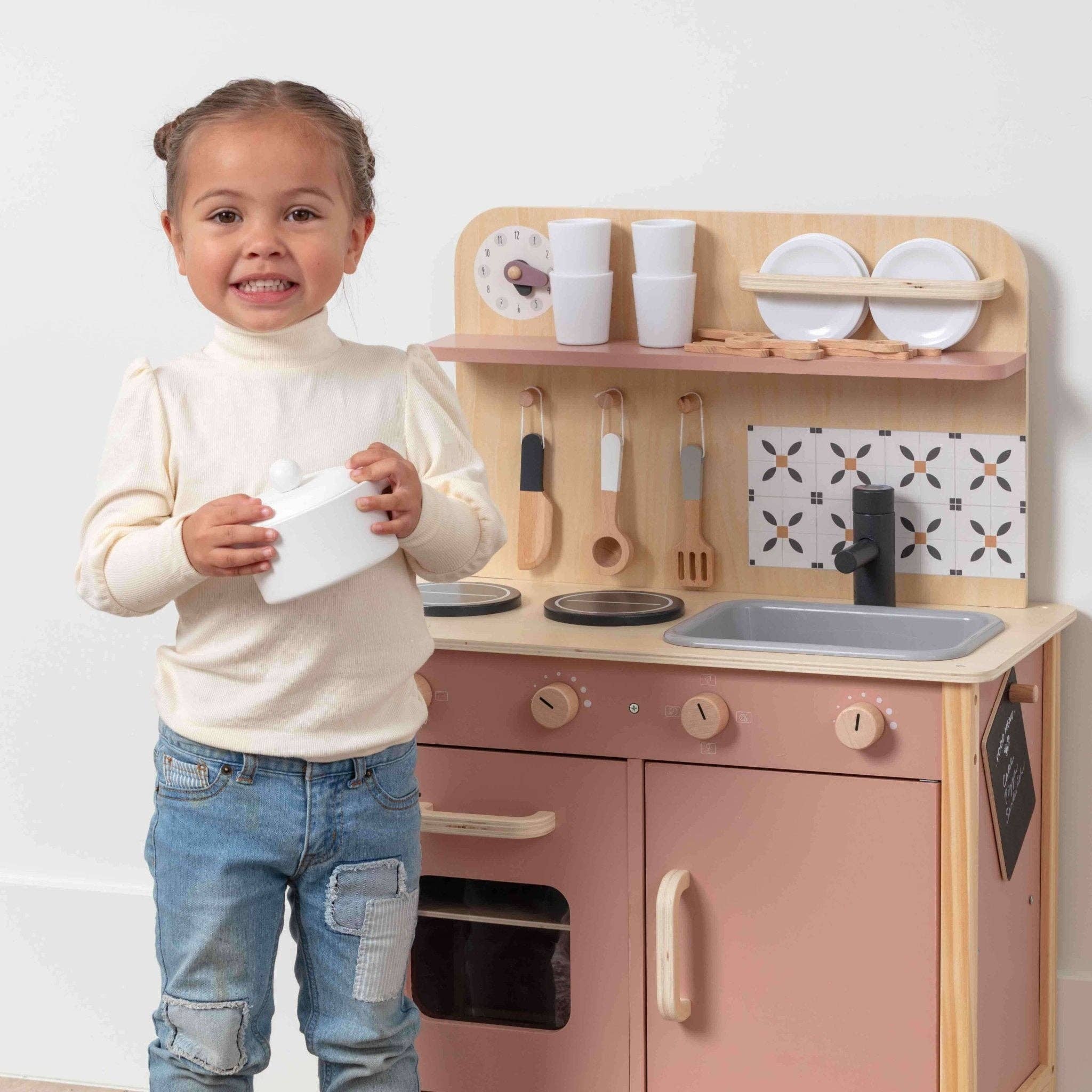 Wooden Play Kitchen Set - Montessori Pretend Cooking 22pc Ages 3+