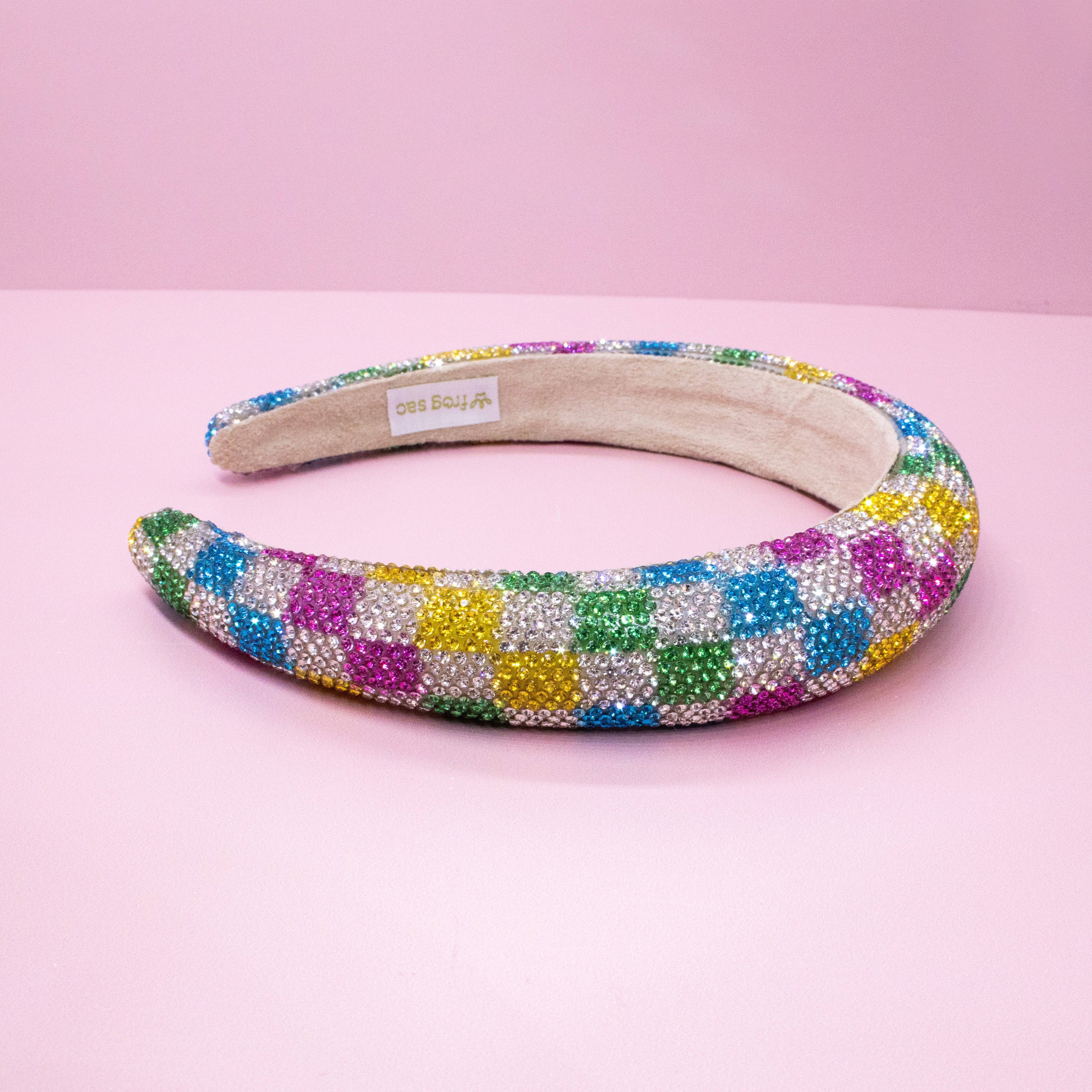 Rhinestone Headband - Padded Rainbow Checkerboard Hair Band