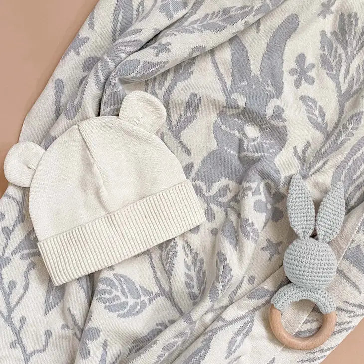 Bunny Baby Gift Set | Cotton Blanket, Rattle Teether, Hat