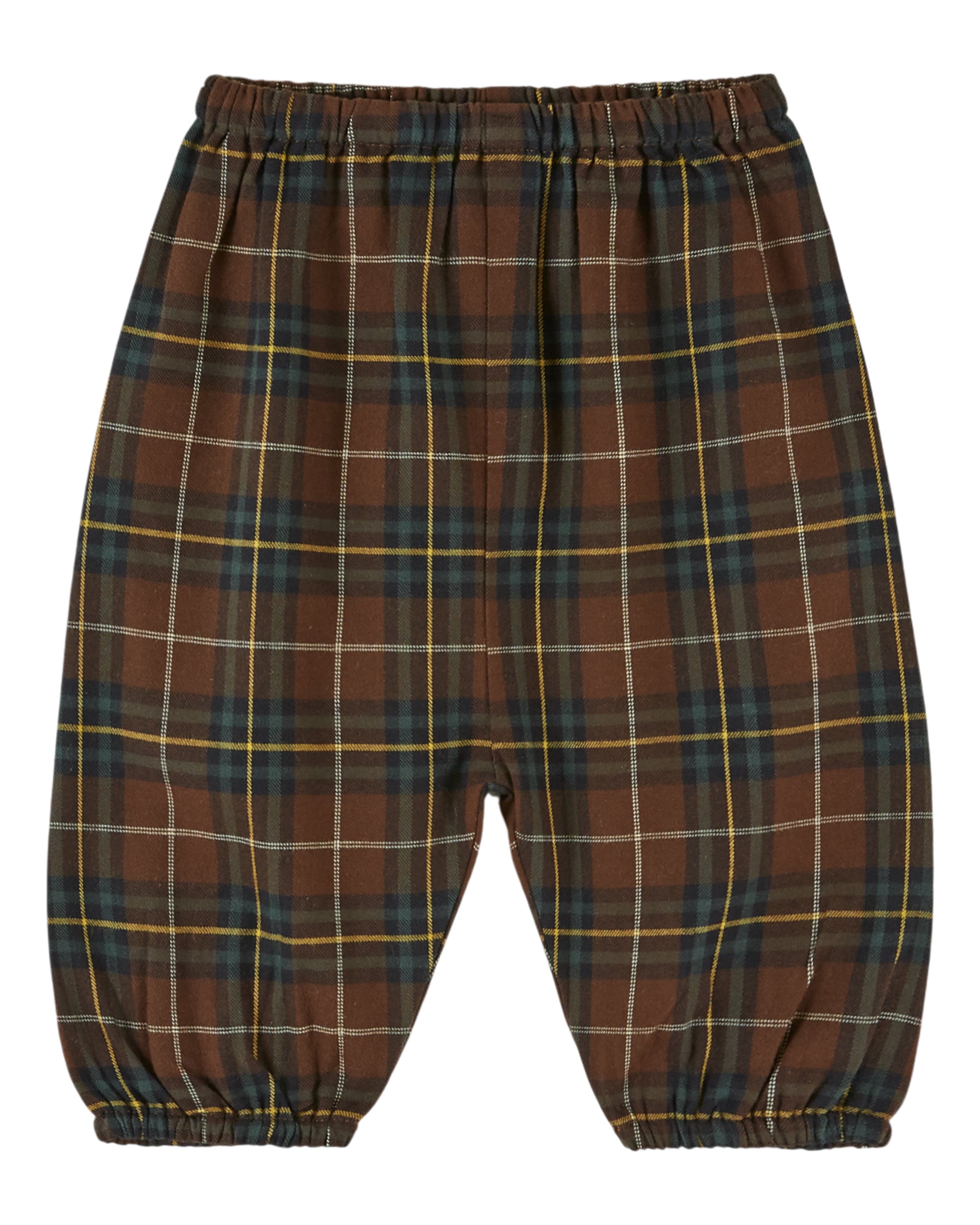 Plaid pants with a brown and green pattern on a white background