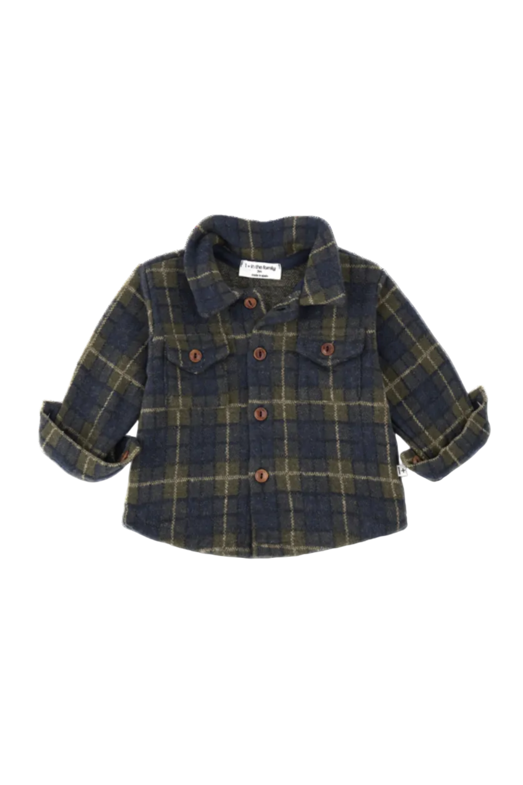 Blue and green plaid jacket with wood buttons against a white background