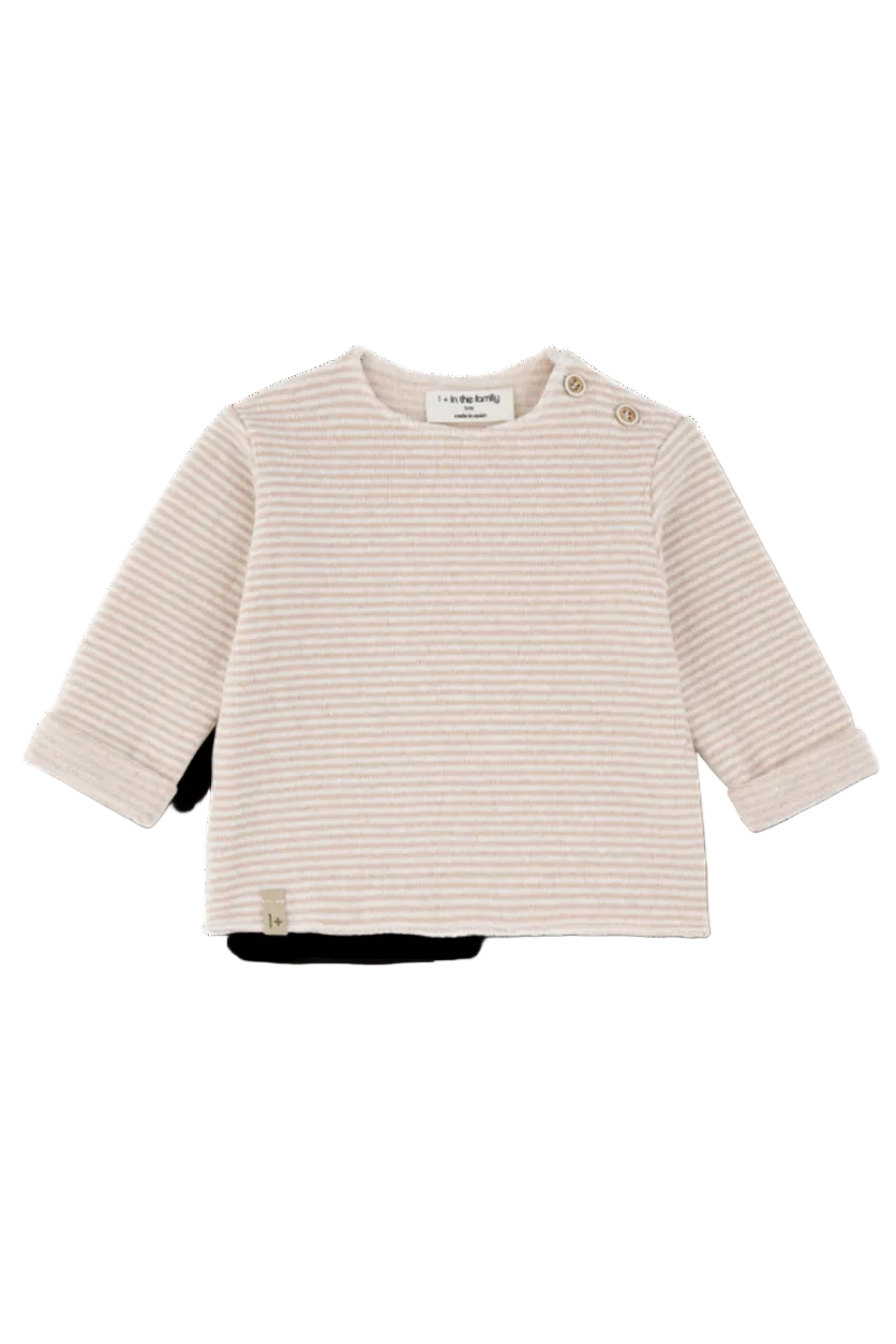 A baby long-sleeve top by 1+1 in the barn, featuring fine horizontal beige and white stripes, three-quarter sleeves, and two wooden buttons on the shoulder.