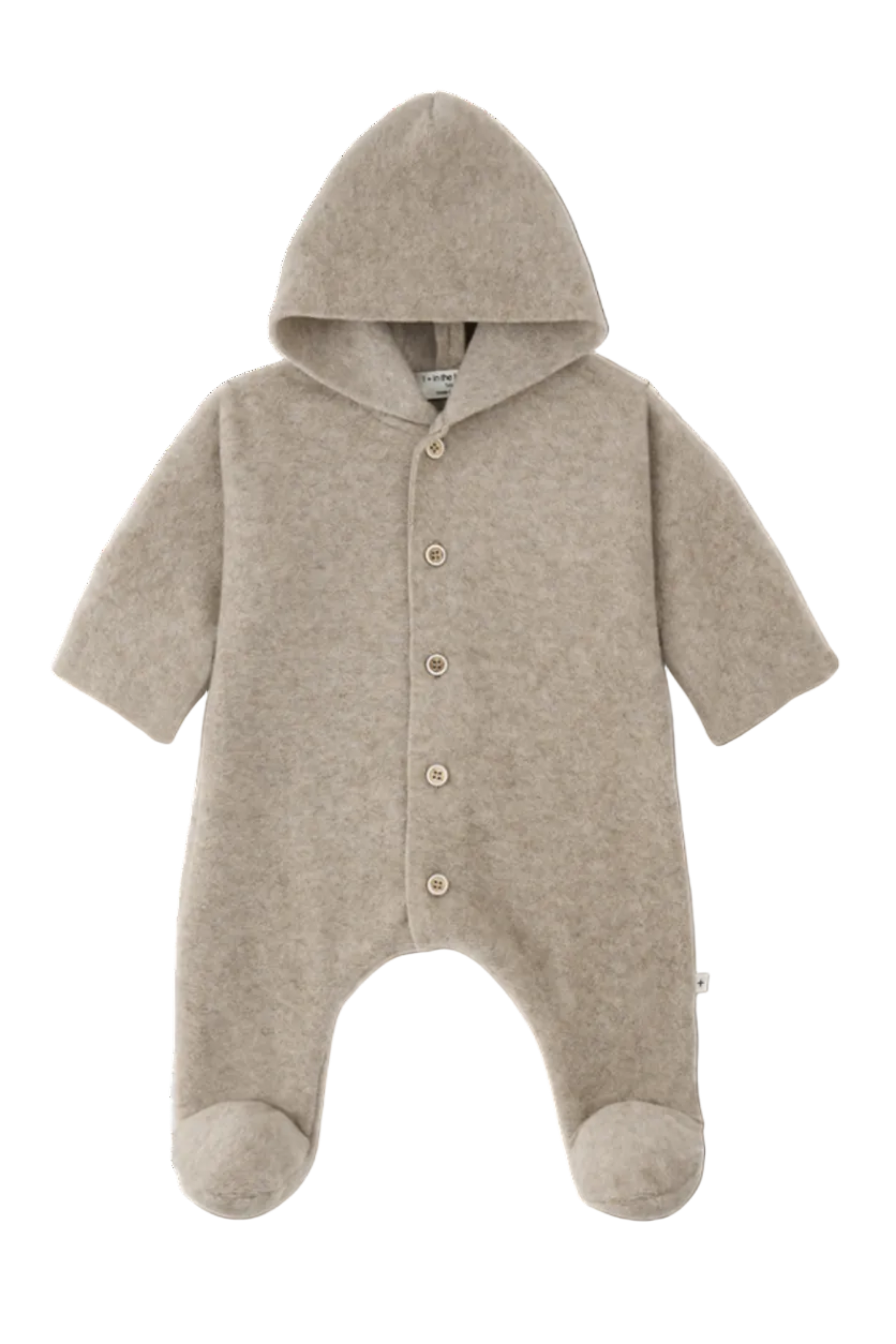 Beige baby onesie with a hood on a white background