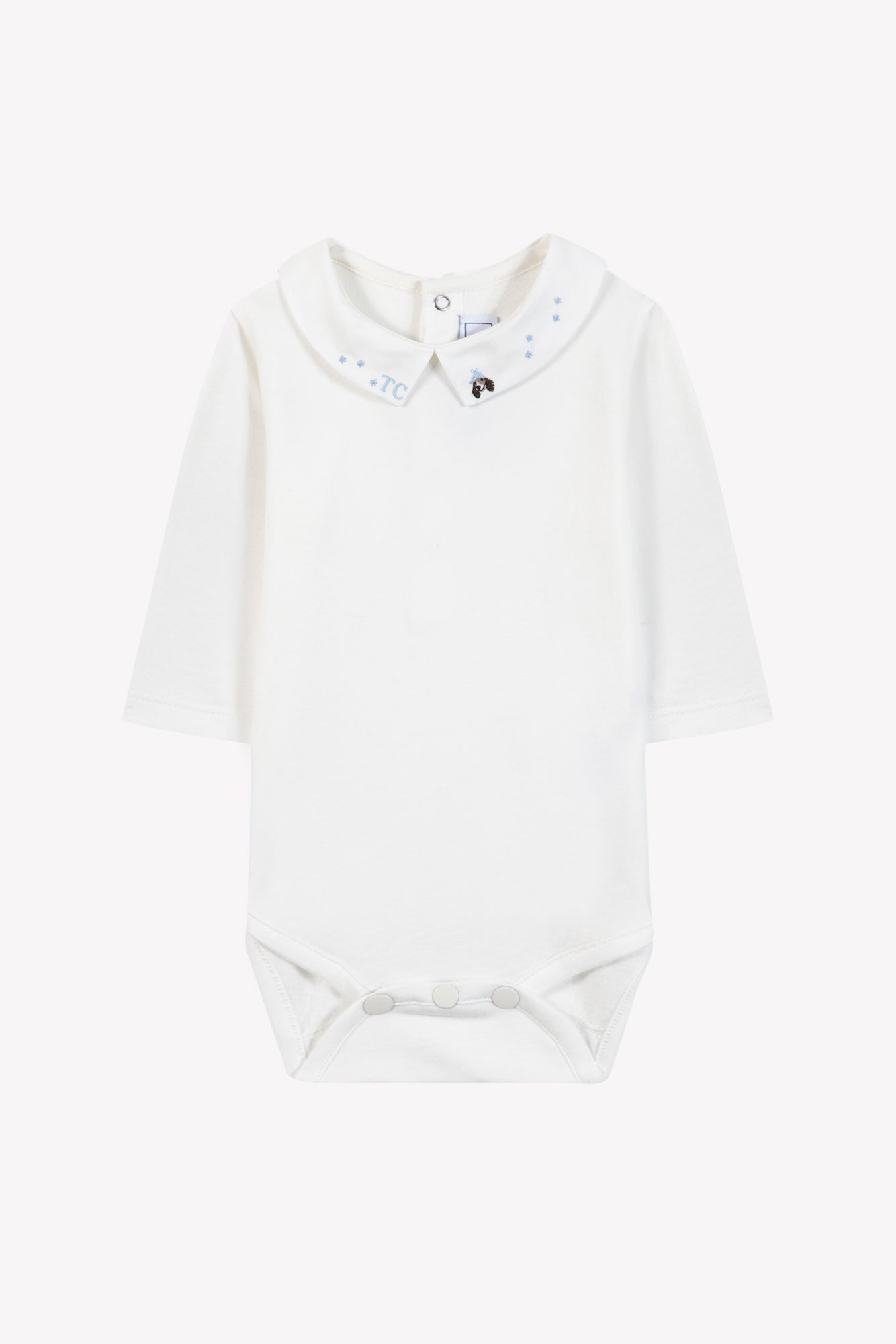 Body onesie by Tartine with embroidered dog on collar