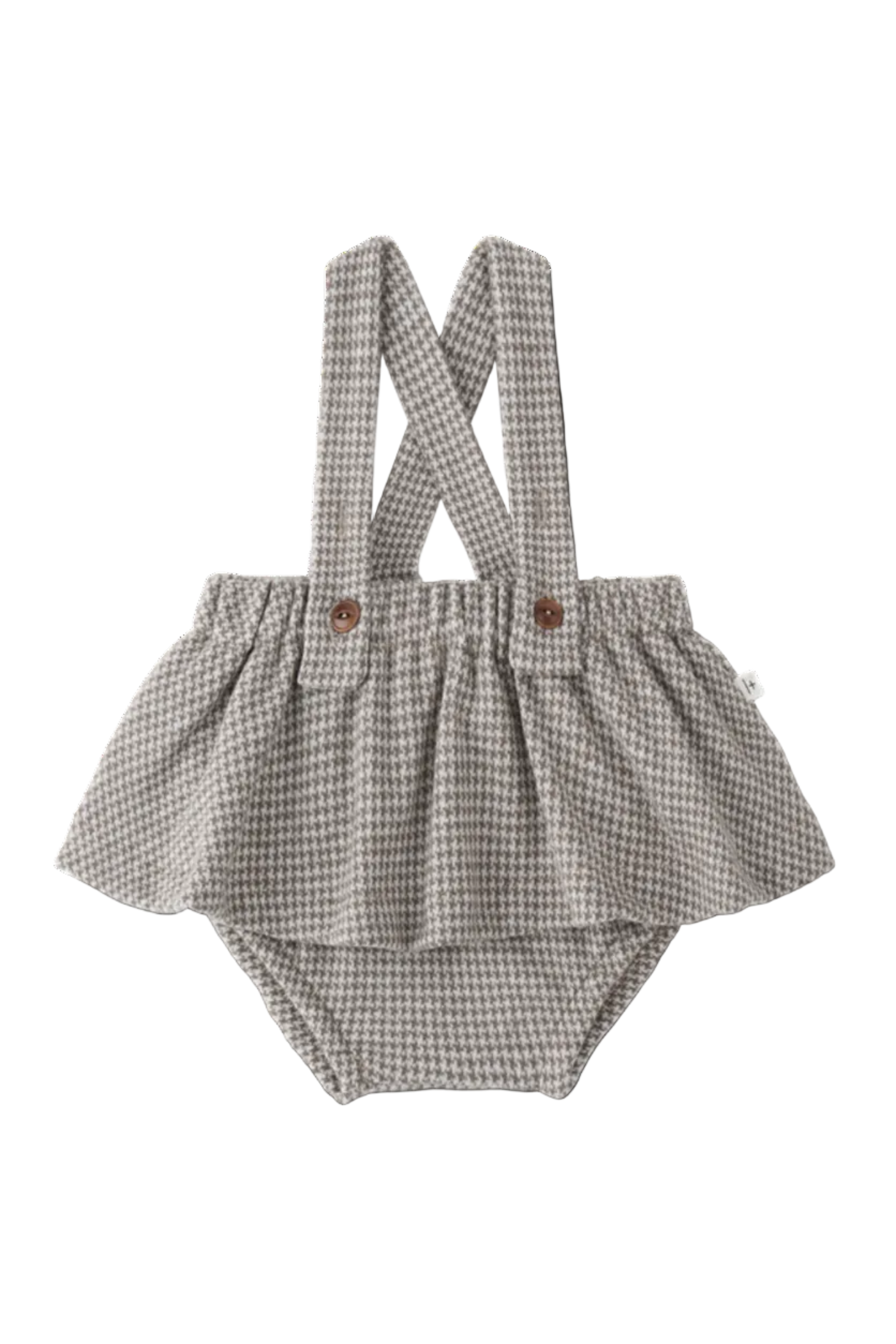 Houndstooth patterned baby bloomers with suspenders on a white background