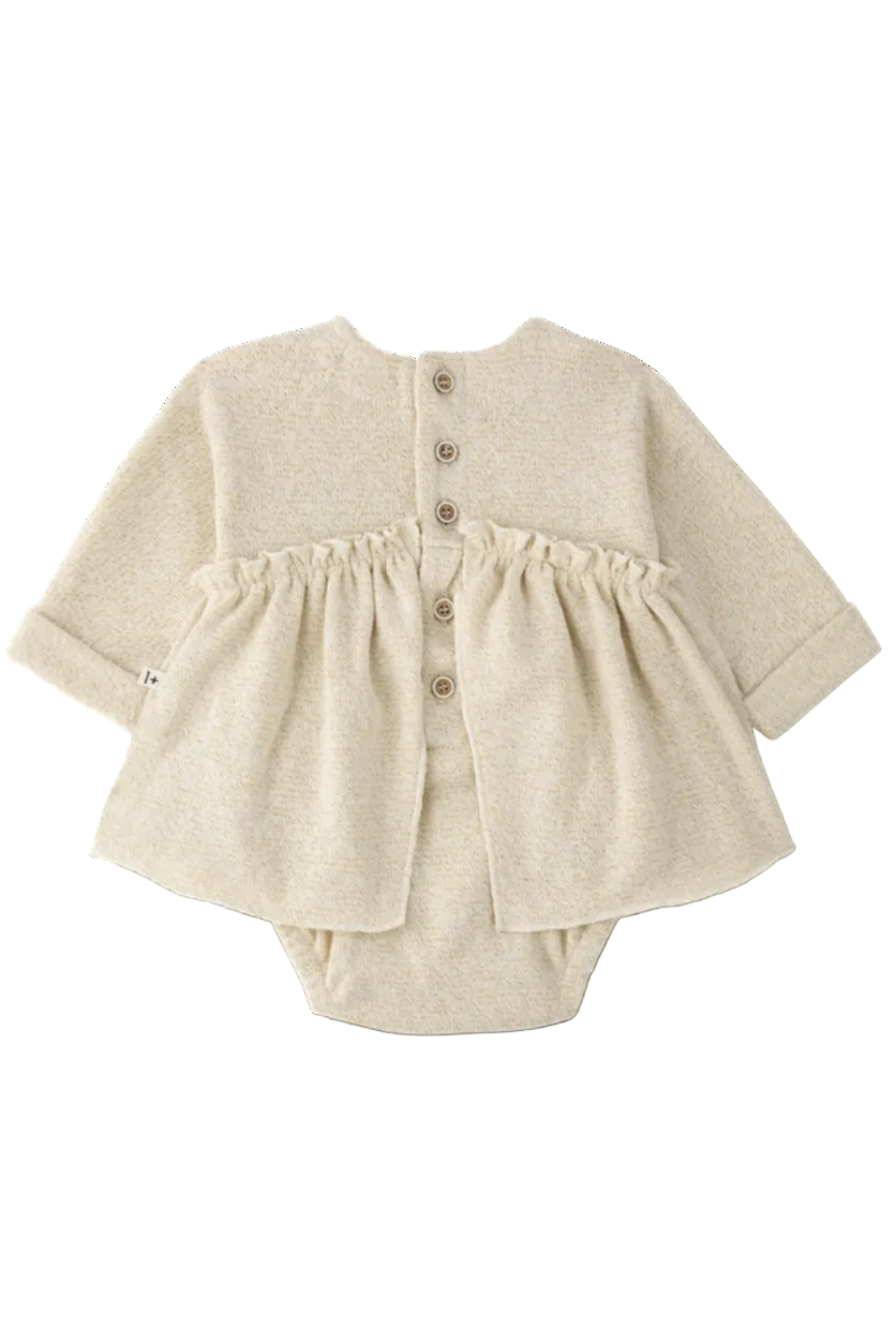Beige baby outfit with a top and bloomer on a white background