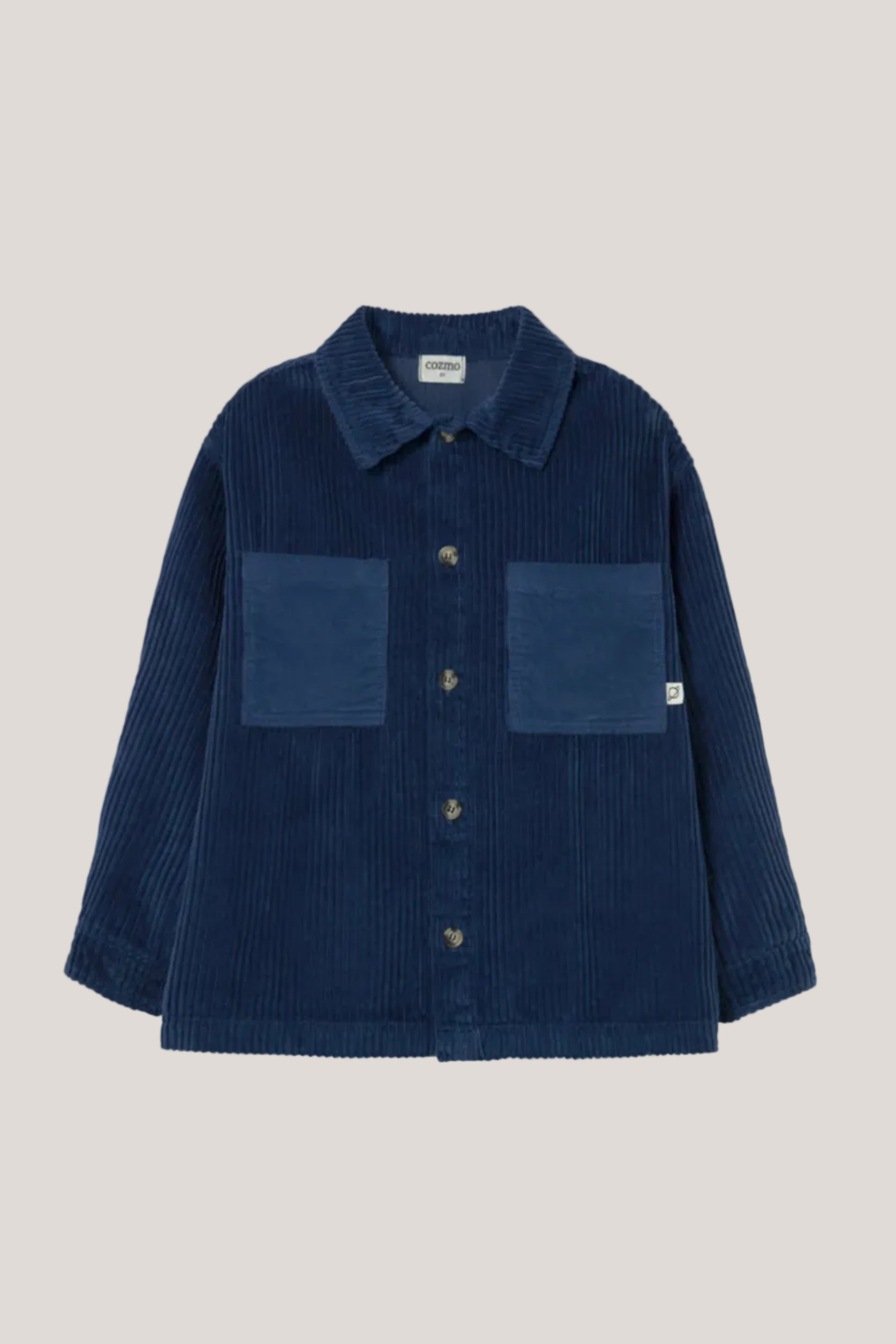 Blue corduroy shirt with two front pockets on a light gray background