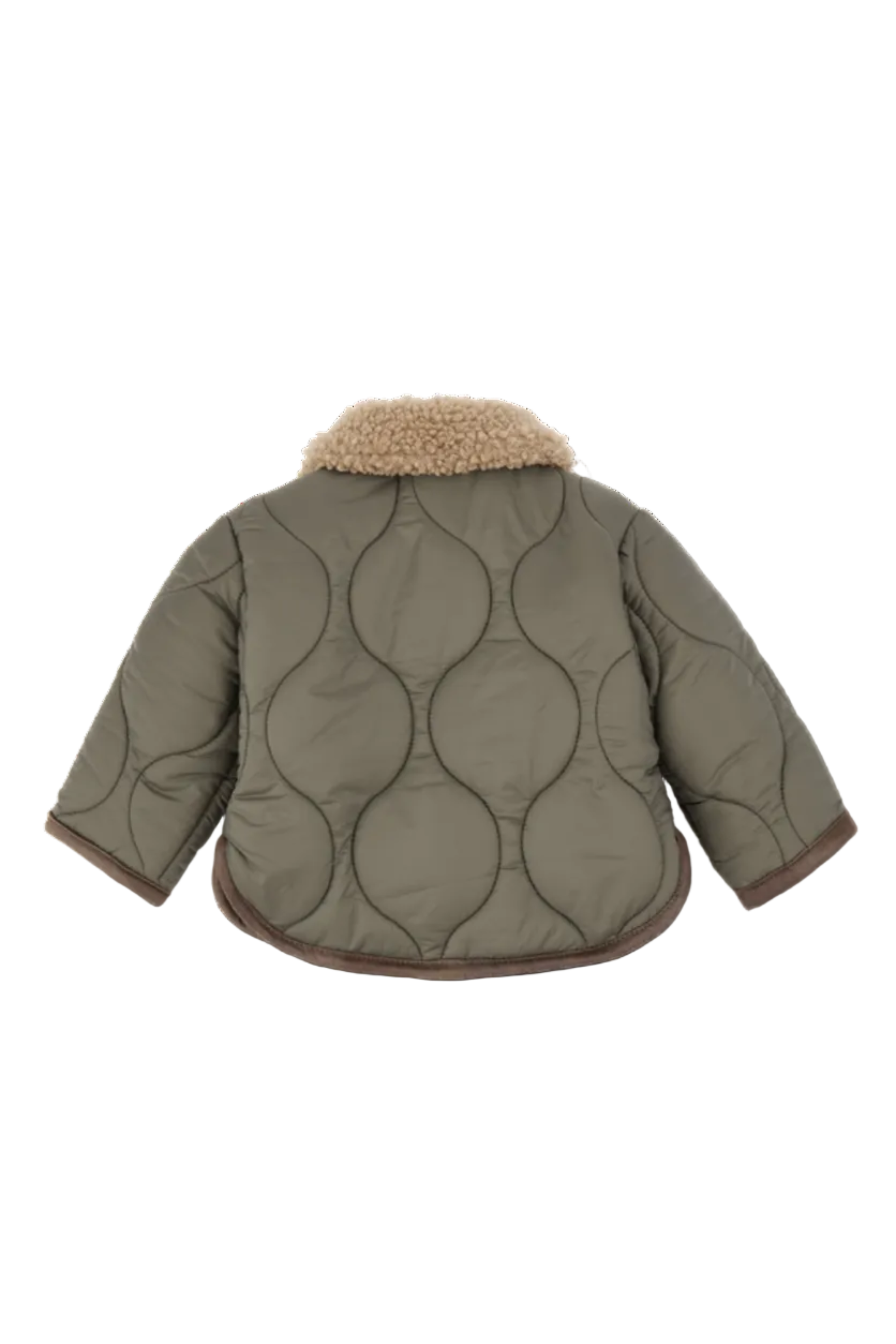Green quilted jacket with beige fur collar on a white background