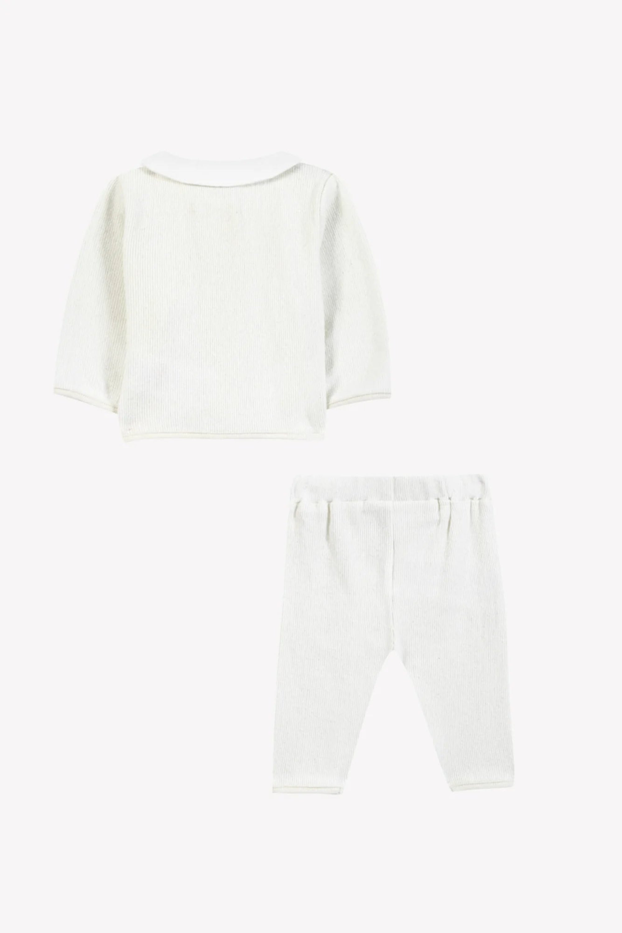 A two-piece baby outfit set consisting of a long-sleeve top and matching pants in a textured off-white fabric, shown against a plain white background.