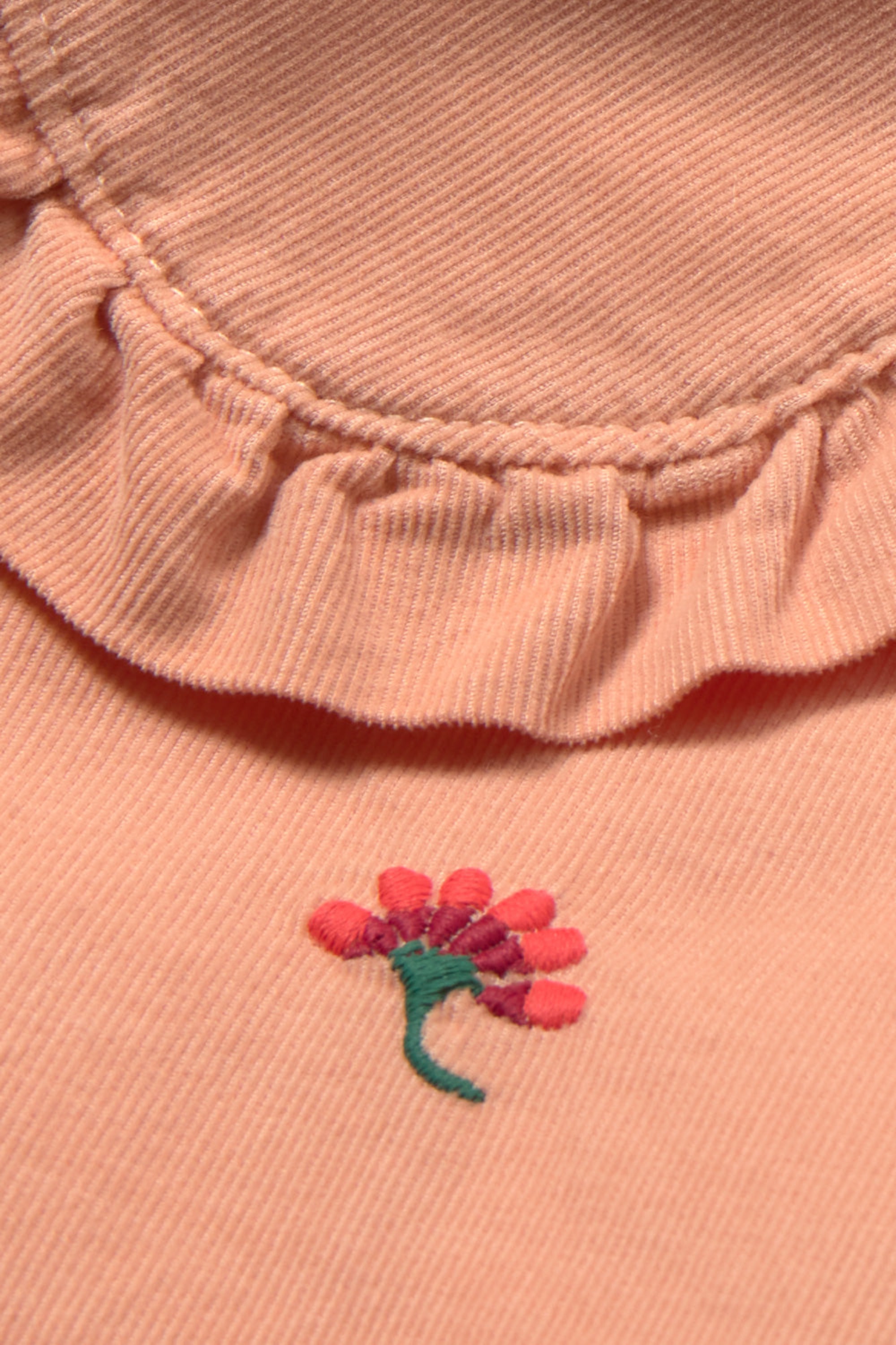 Close-up of a pink garment with a floral embroidery detail.