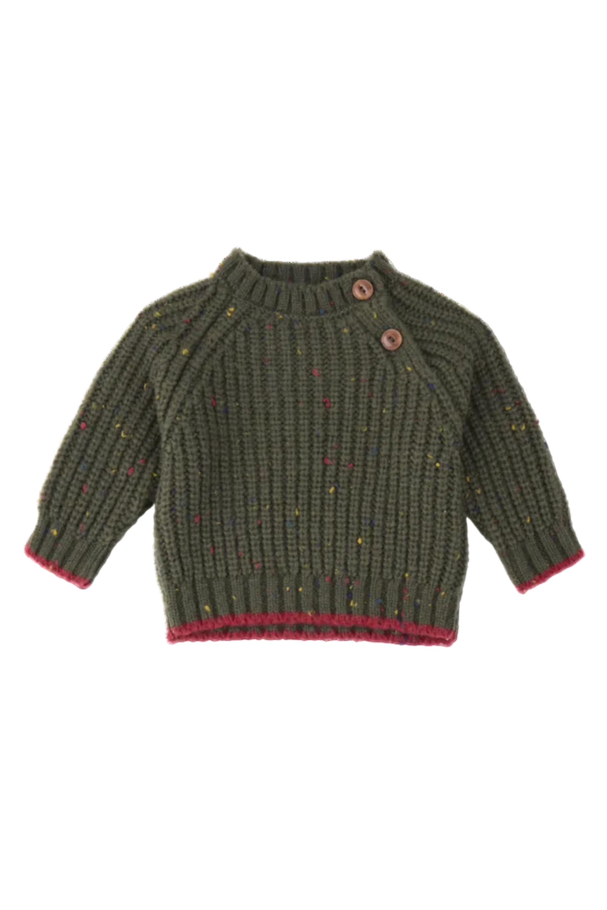 A baby knit sweater in olive green with multicolor flecks and red trim at the hem and cuffs, featuring two brown buttons on the collar, shown on a white background.