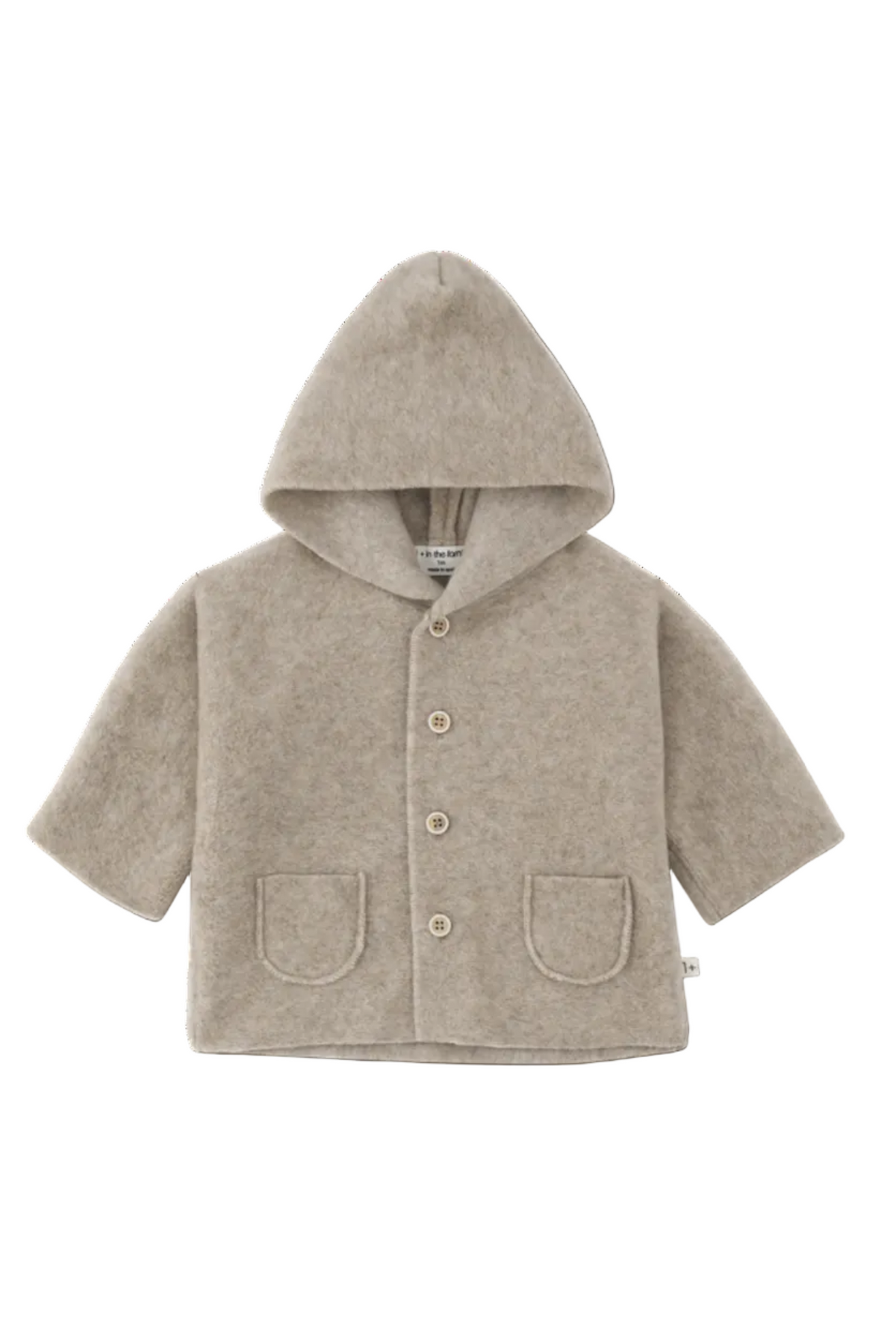 A light beige hooded cardigan jacket for toddlers, featuring a button-up front, two front patch pockets, and a soft textured fabric, shown on a plain white background.