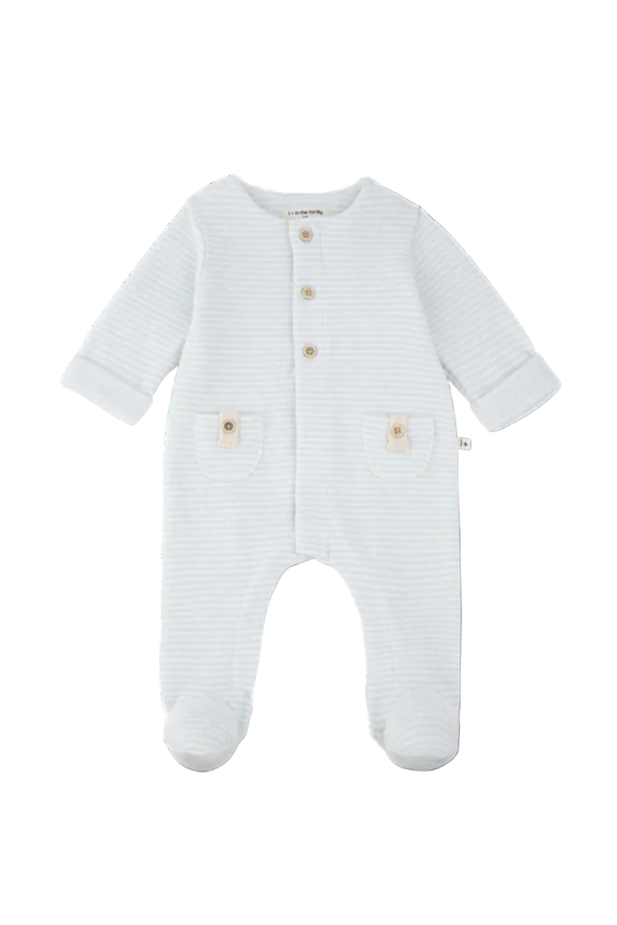 Baby onesie with light blue and white stripes on a white background