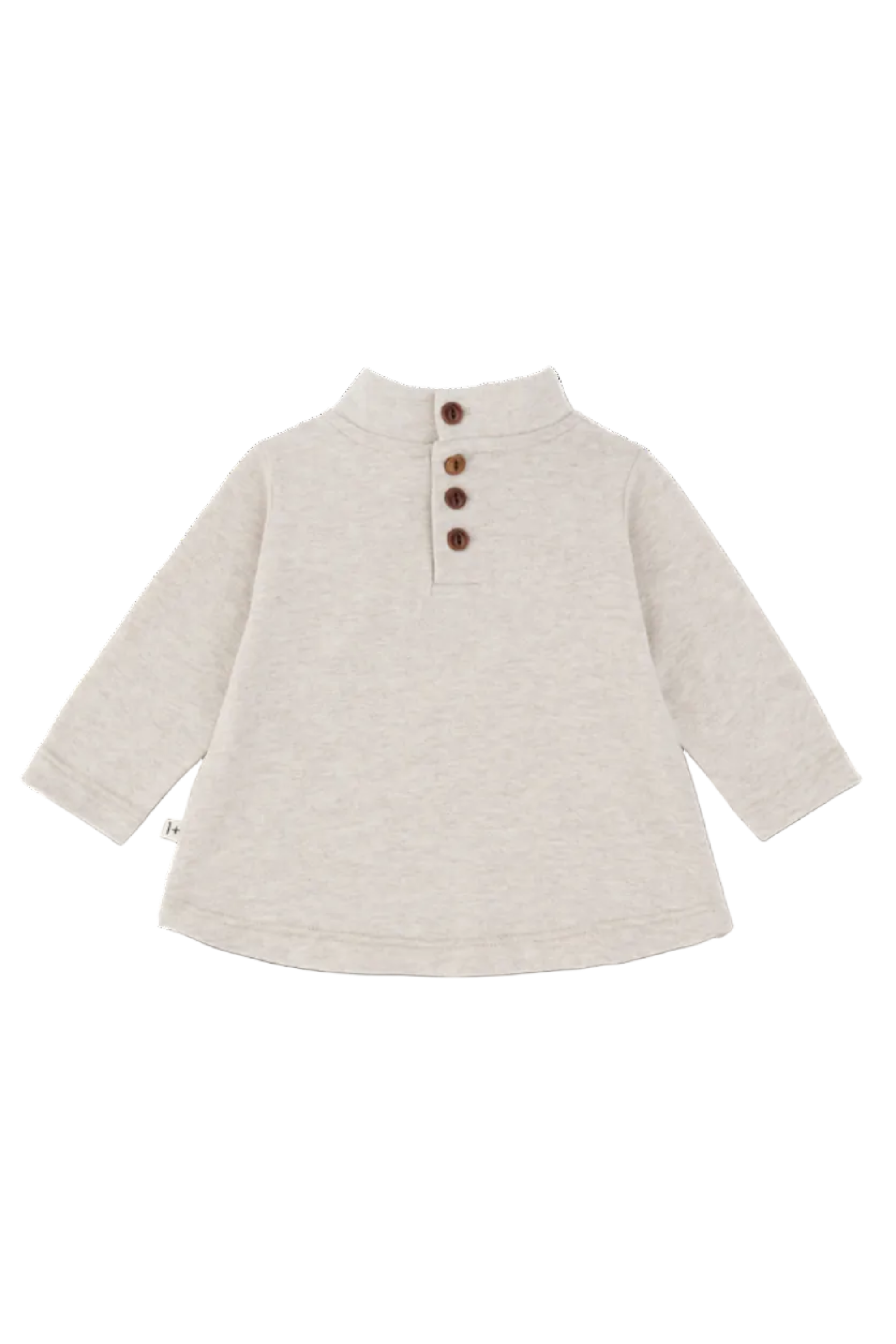 A light beige heathered long-sleeve top for toddlers, featuring a mock neck collar with three brown buttons, displayed on a clean white background.