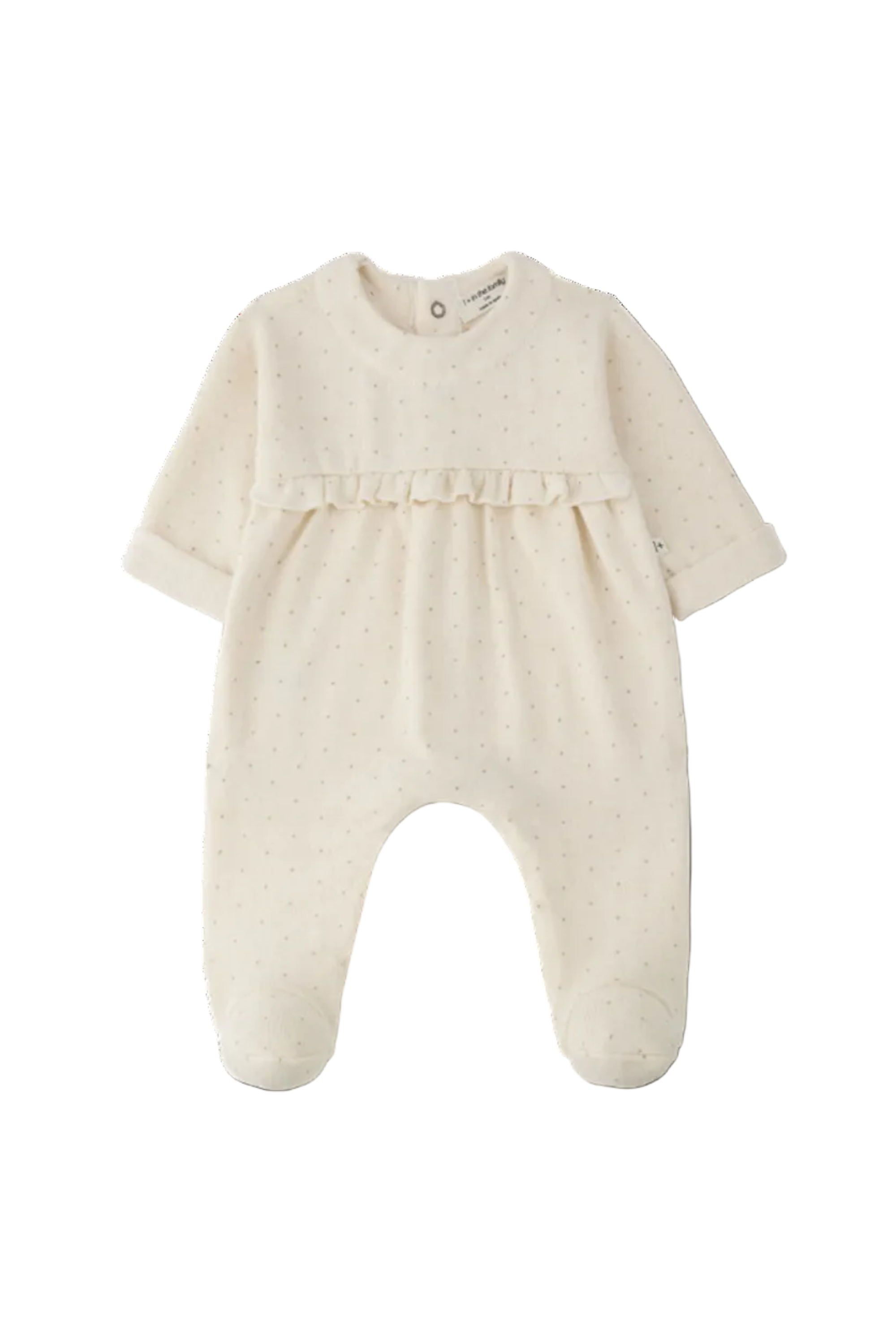 Beige baby onesie with a ruffled top on a white background