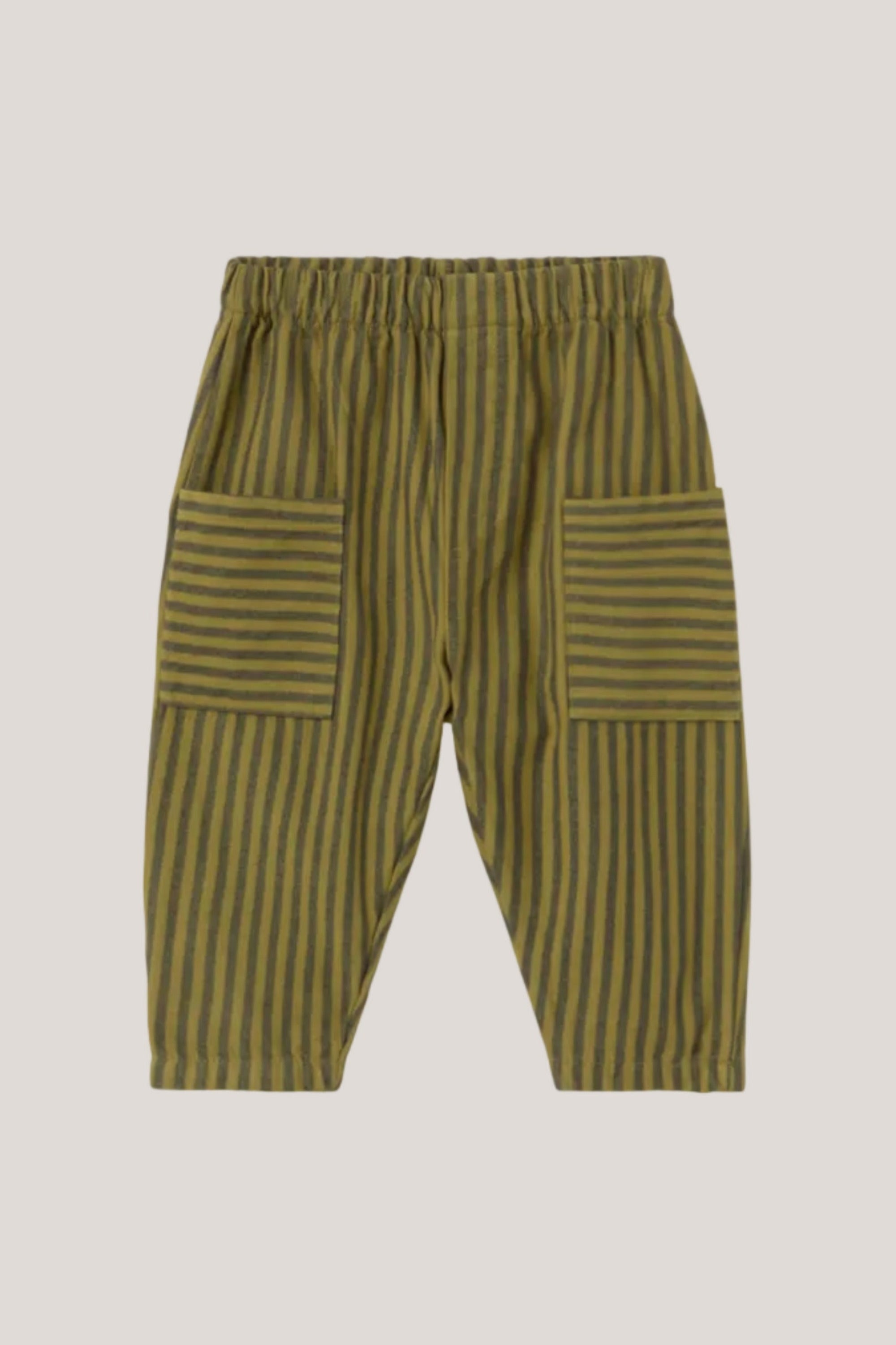 Striped pants with patch pockets on a white background