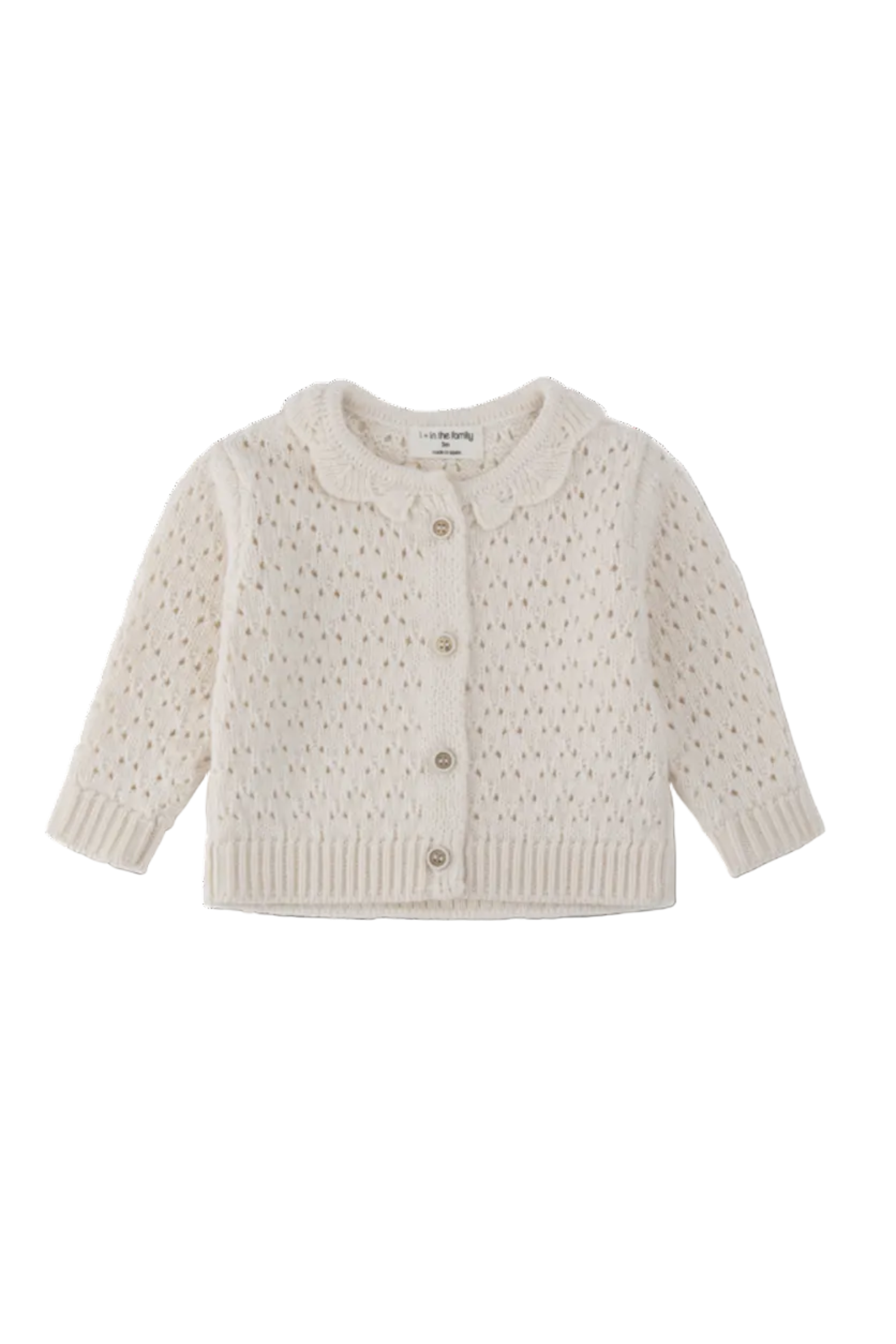 Baby cardigan with a subtle pattern on a white background