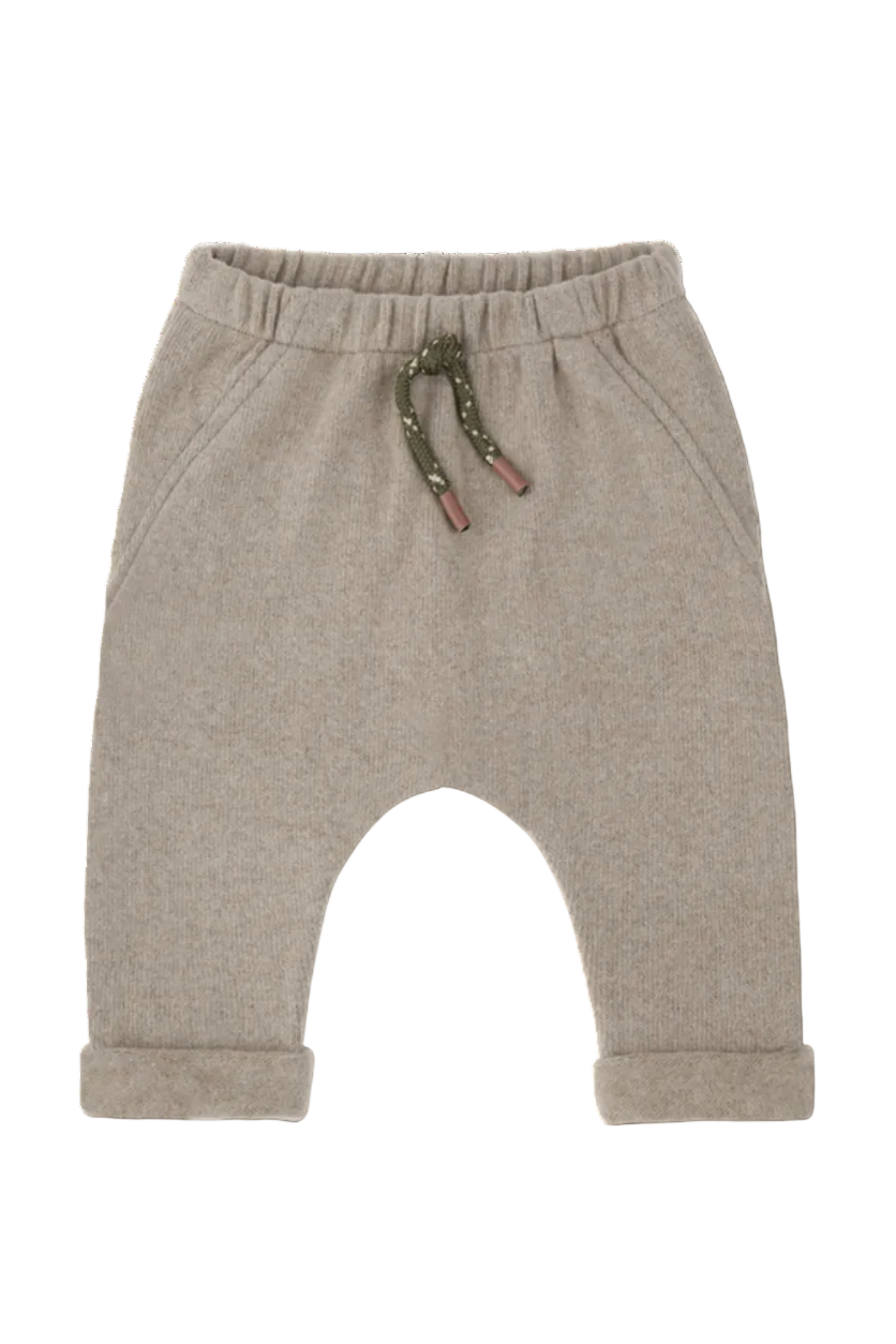 A pair of toddler's heathered taupe knit pants with a wide elastic waistband, side pockets, and rolled cuffs, featuring a camouflage-patterned drawstring with pink tips.