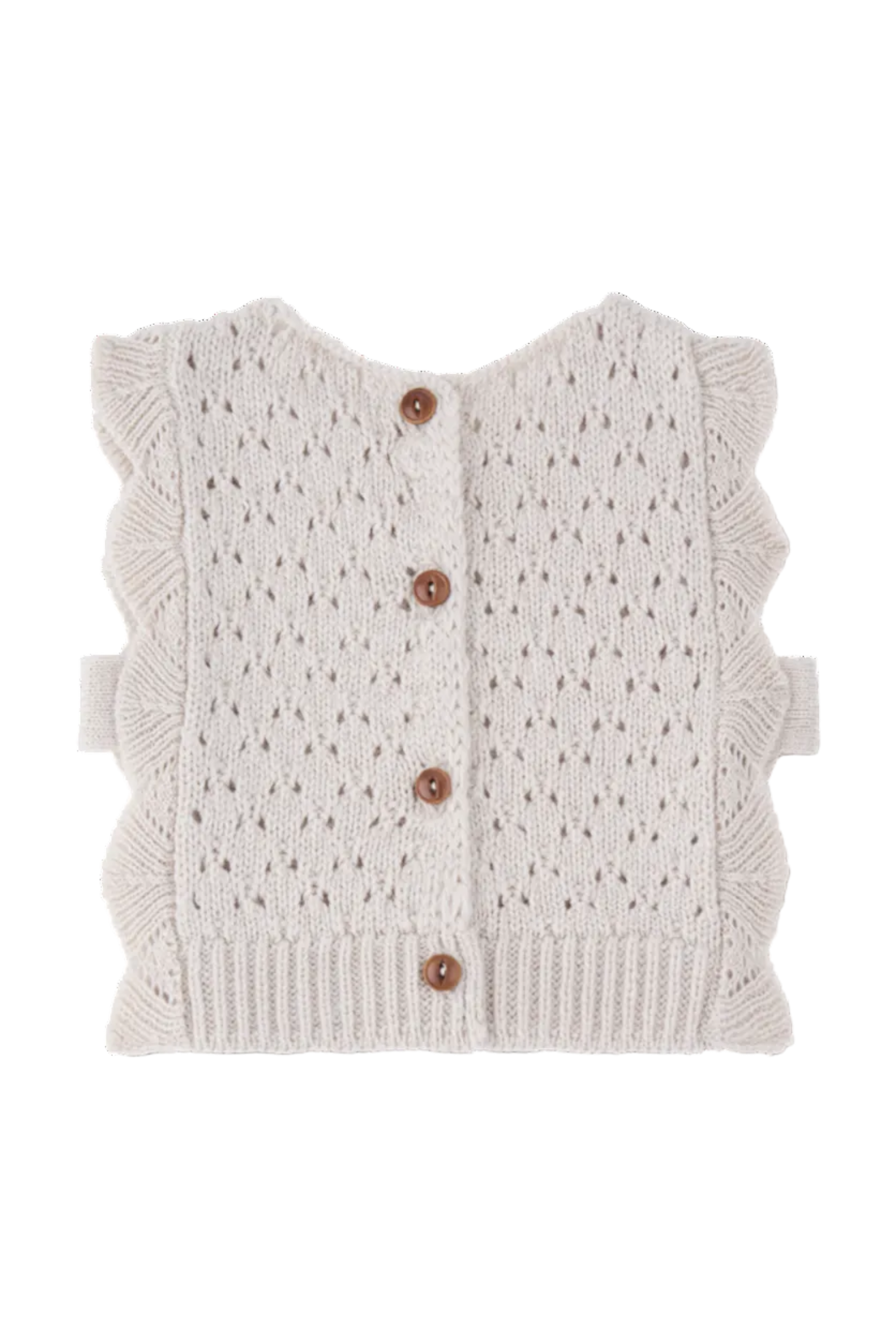 A cream-colored knit baby cardigan vest with scalloped edges, a textured openwork pattern, and four brown buttons, shown flat on a white background.