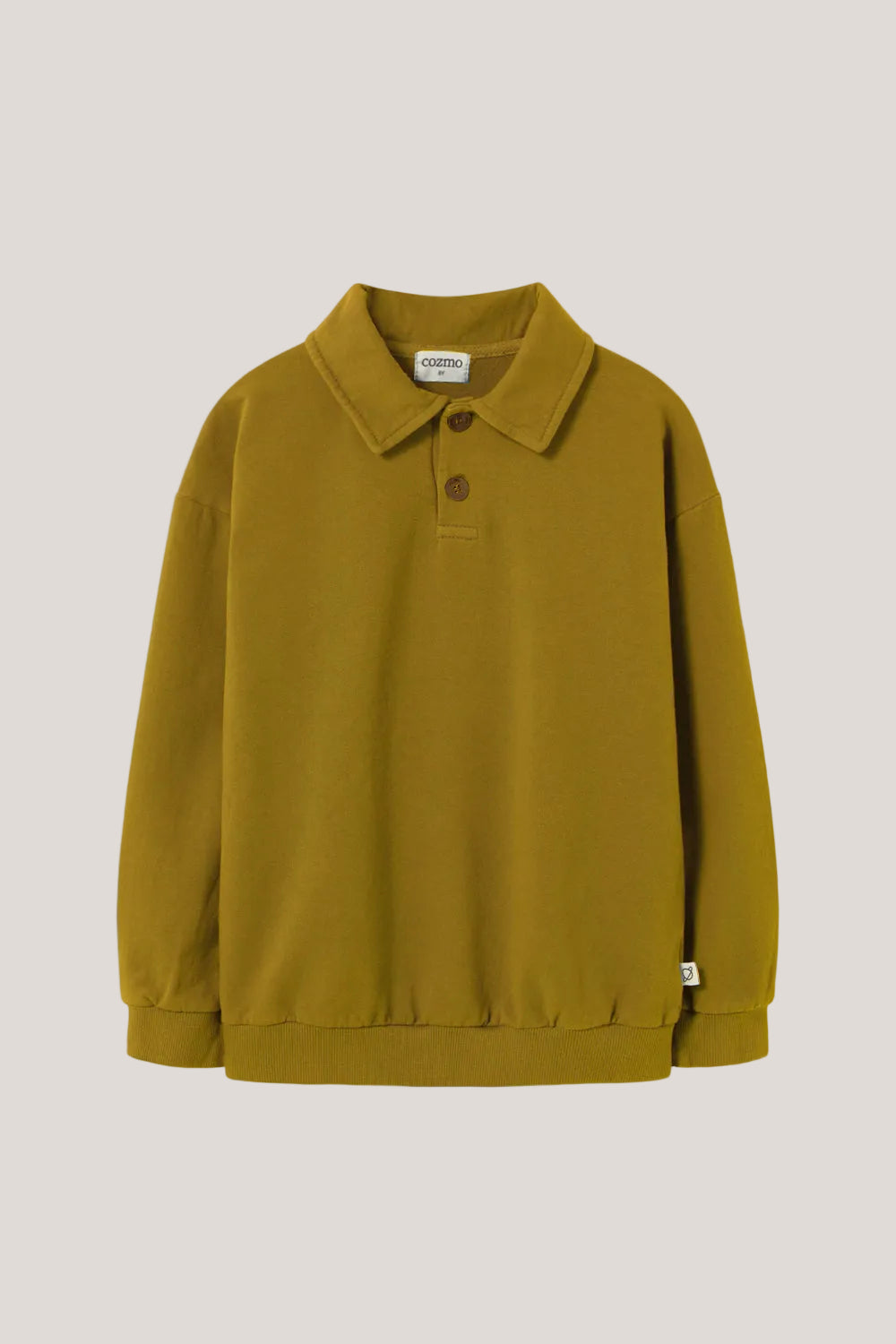 Green long-sleeve shirt with collar on a light gray background