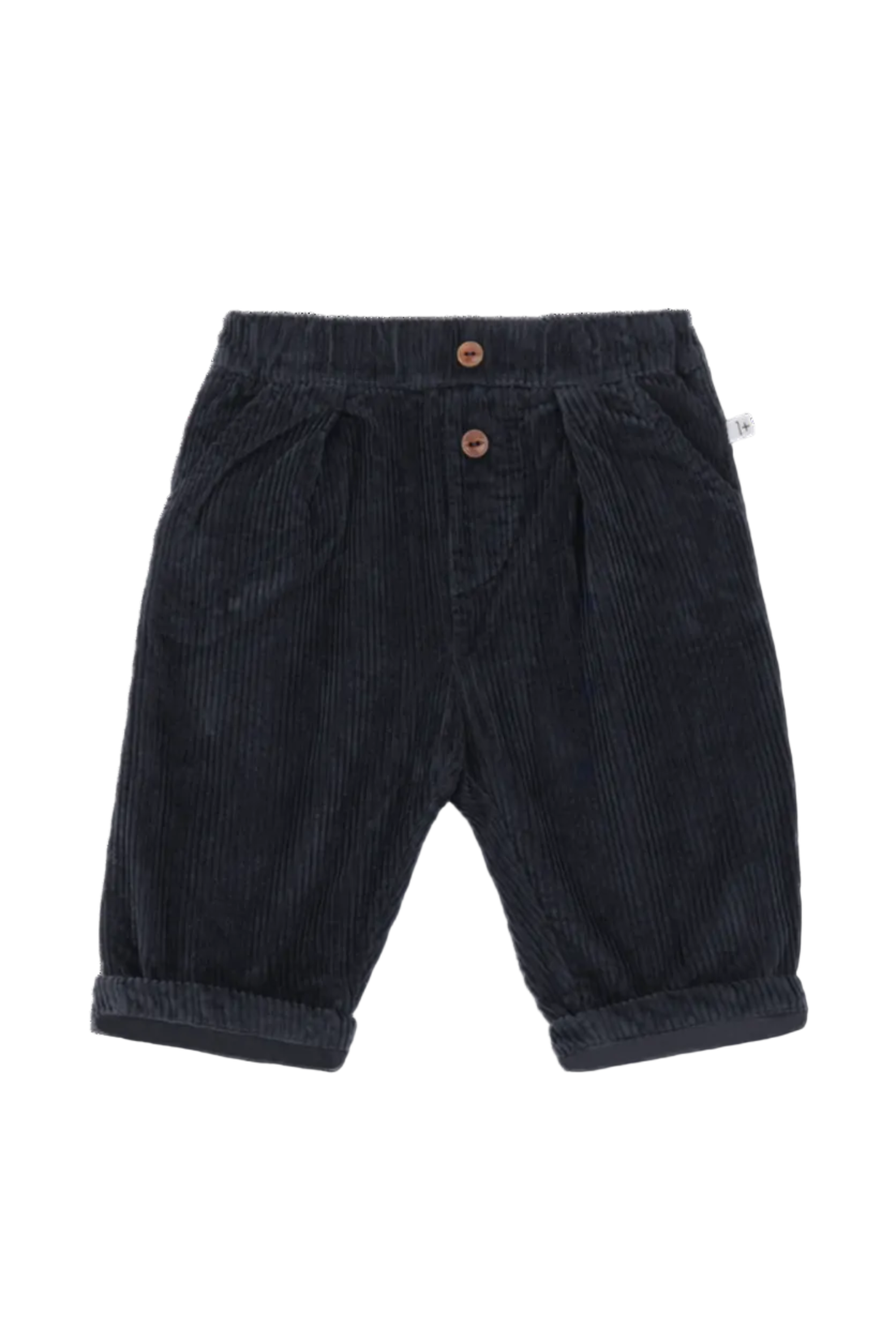 A pair of dark navy corduroy pants for toddlers, featuring a buttoned elastic waistband with brown buttons and rolled cuffs, shown flat on a white background.
