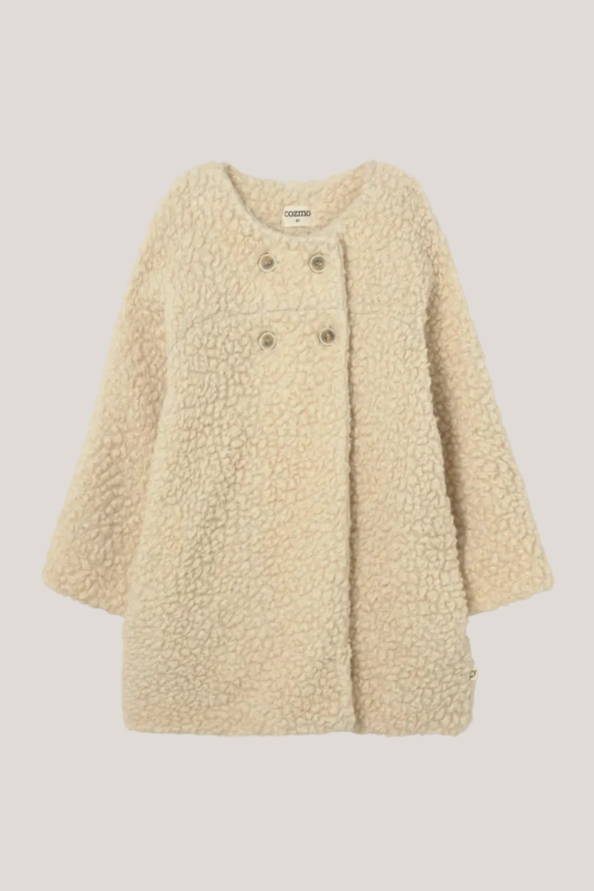 Beige sherpa coat on a light gray background