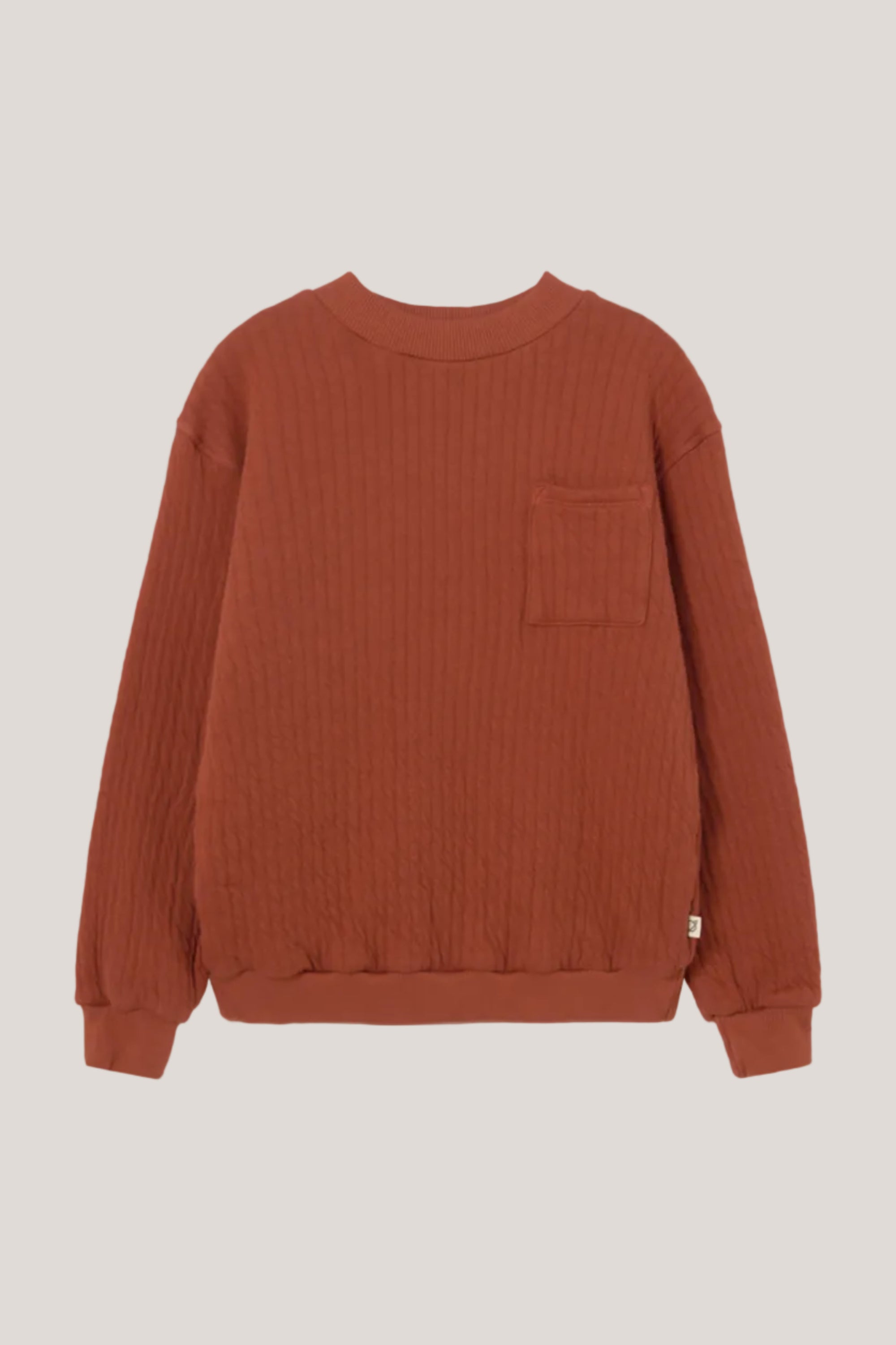 Brown ribbed sweater with a pocket on a white background