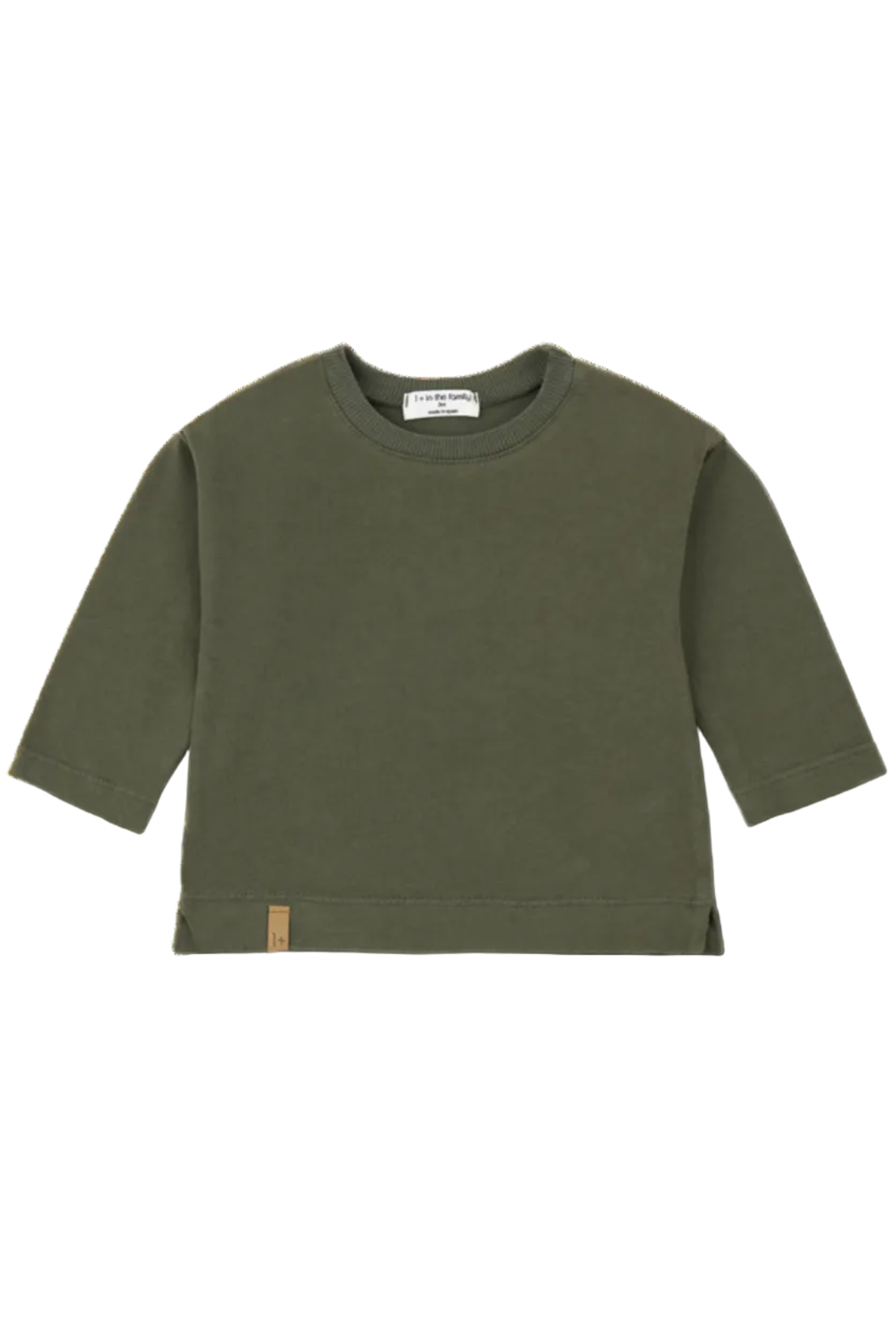 An olive green long-sleeve crop top sweatshirt for kids, shown flat on a white background with a soft drop shadow. The brand 'Peter Mayr' is visible on the inner neck label.