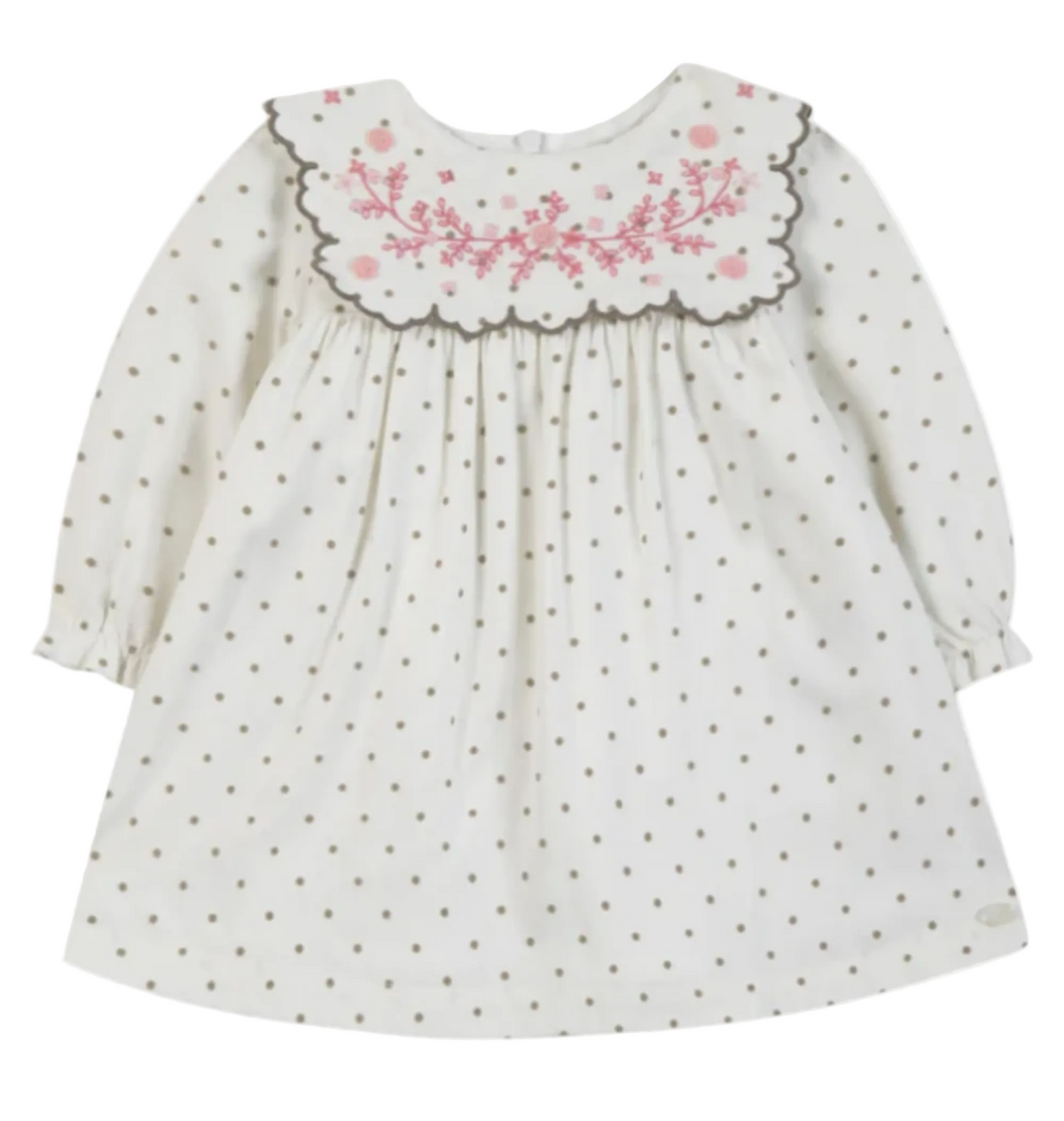 White dress with bib collar, pink embroidery detail, and dots