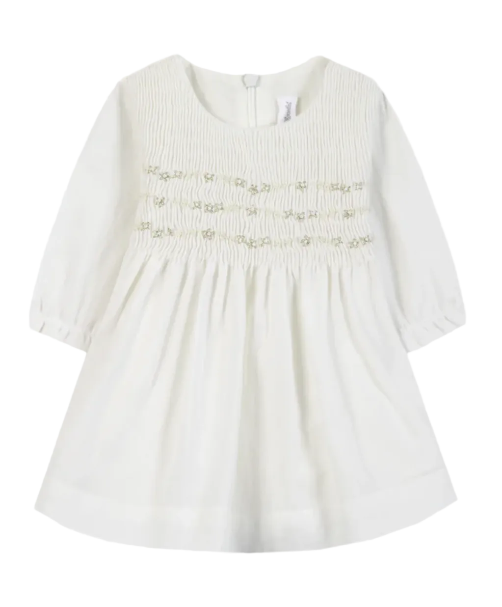 An off-white baby dress with long puff sleeves, a smocked bodice, and delicate embroidered details across the chest, shown against a plain white background.