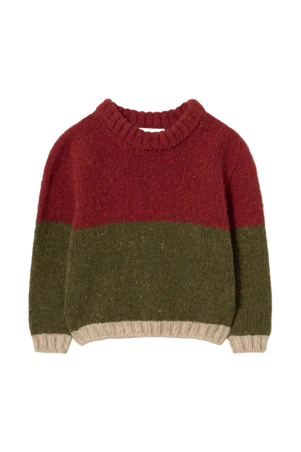 Three-tone sweater with red, green, and beige sections on a light gray background