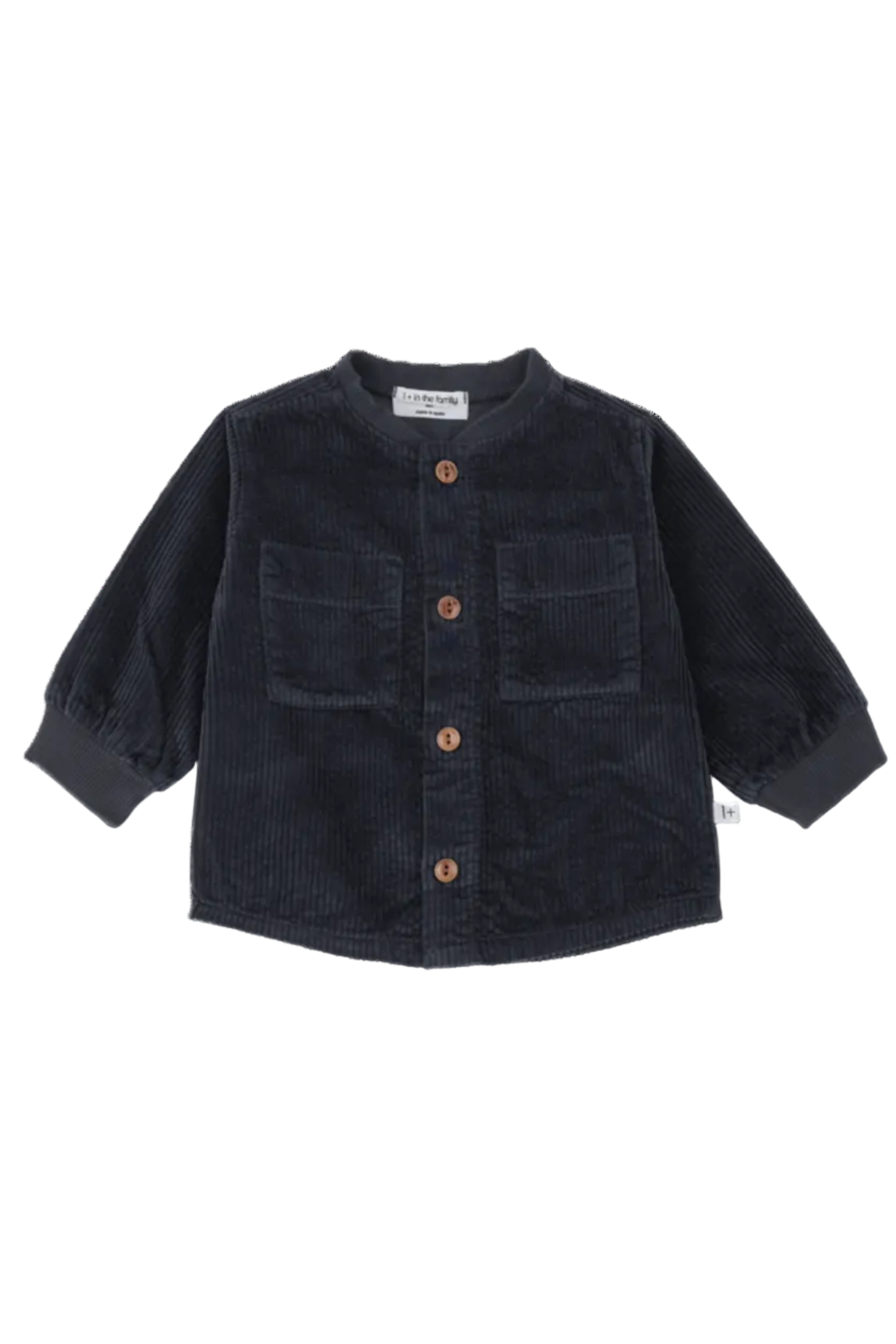 A dark navy corduroy jacket for toddlers, featuring a button-up front with brown buttons, two front patch pockets, and ribbed cuffs and collar, shown on a white background.