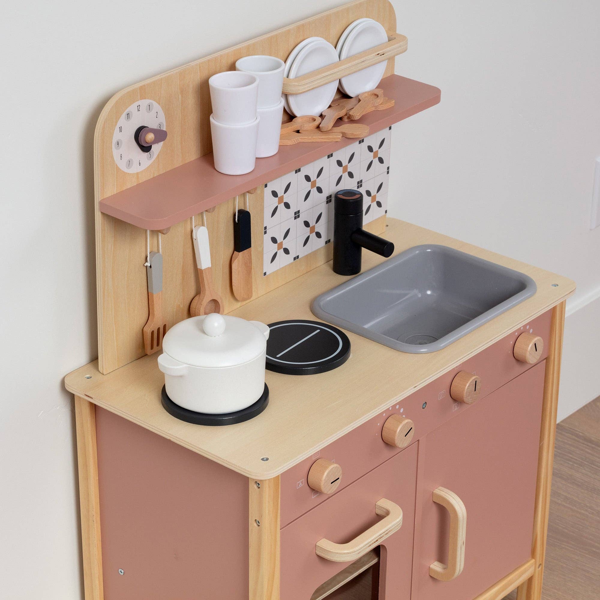 Wooden Play Kitchen Set - Montessori Pretend Cooking 22pc Ages 3+