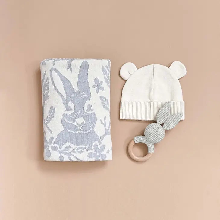 Bunny Baby Gift Set | Cotton Blanket, Rattle Teether, Hat