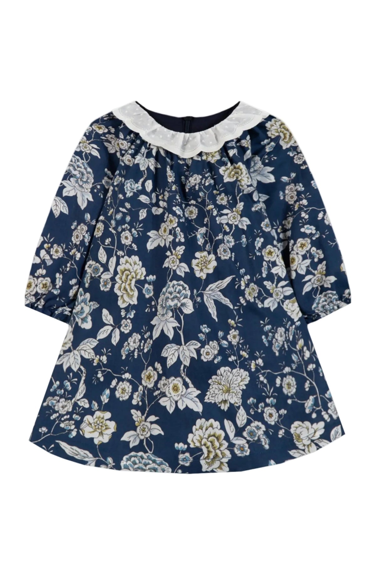Navy floral dress with white collar on a white background