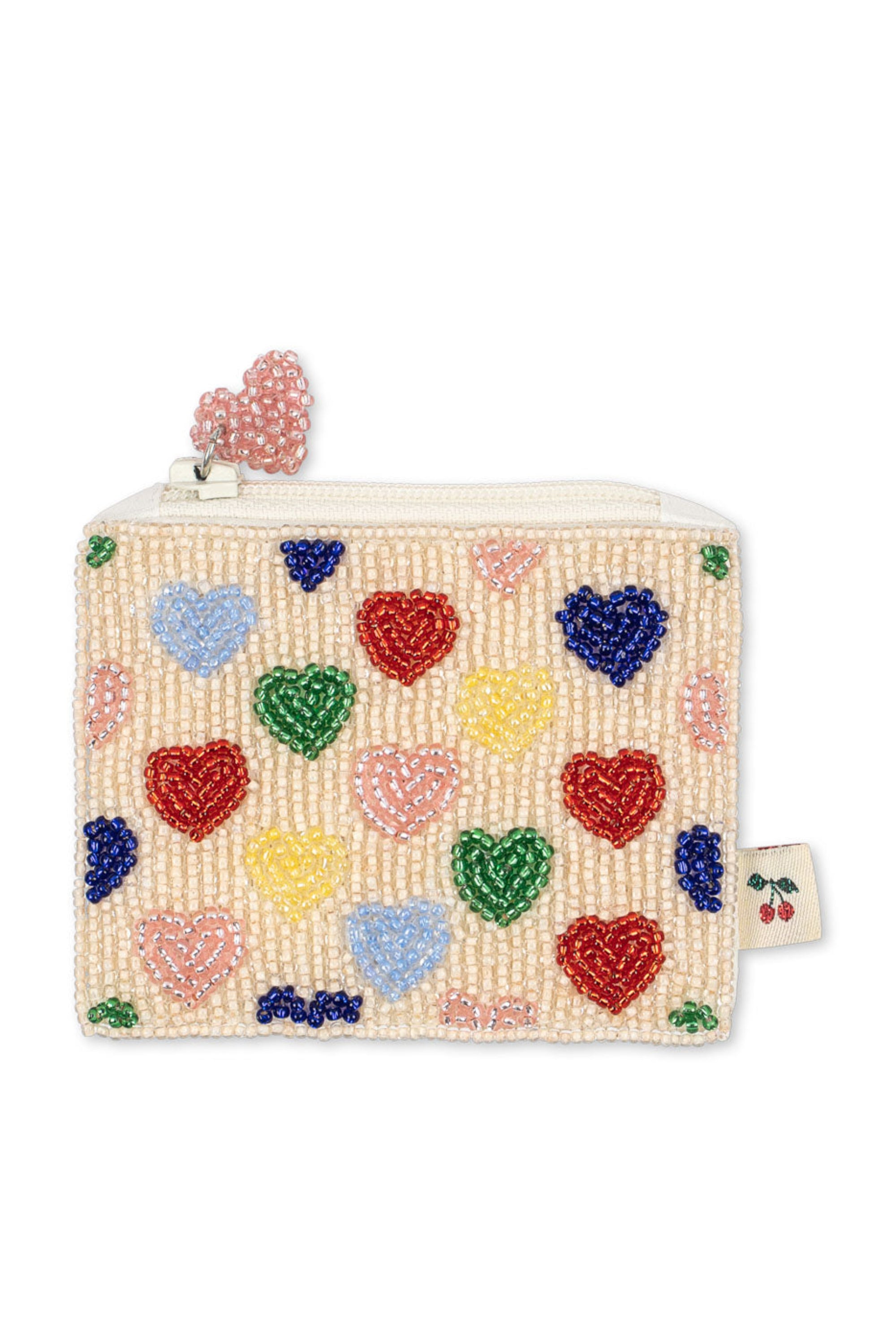 A cream-colored beaded zipper pouch decorated with colorful embroidered hearts in red, blue, green, yellow, and pink, featuring a small cherry tag on the side.