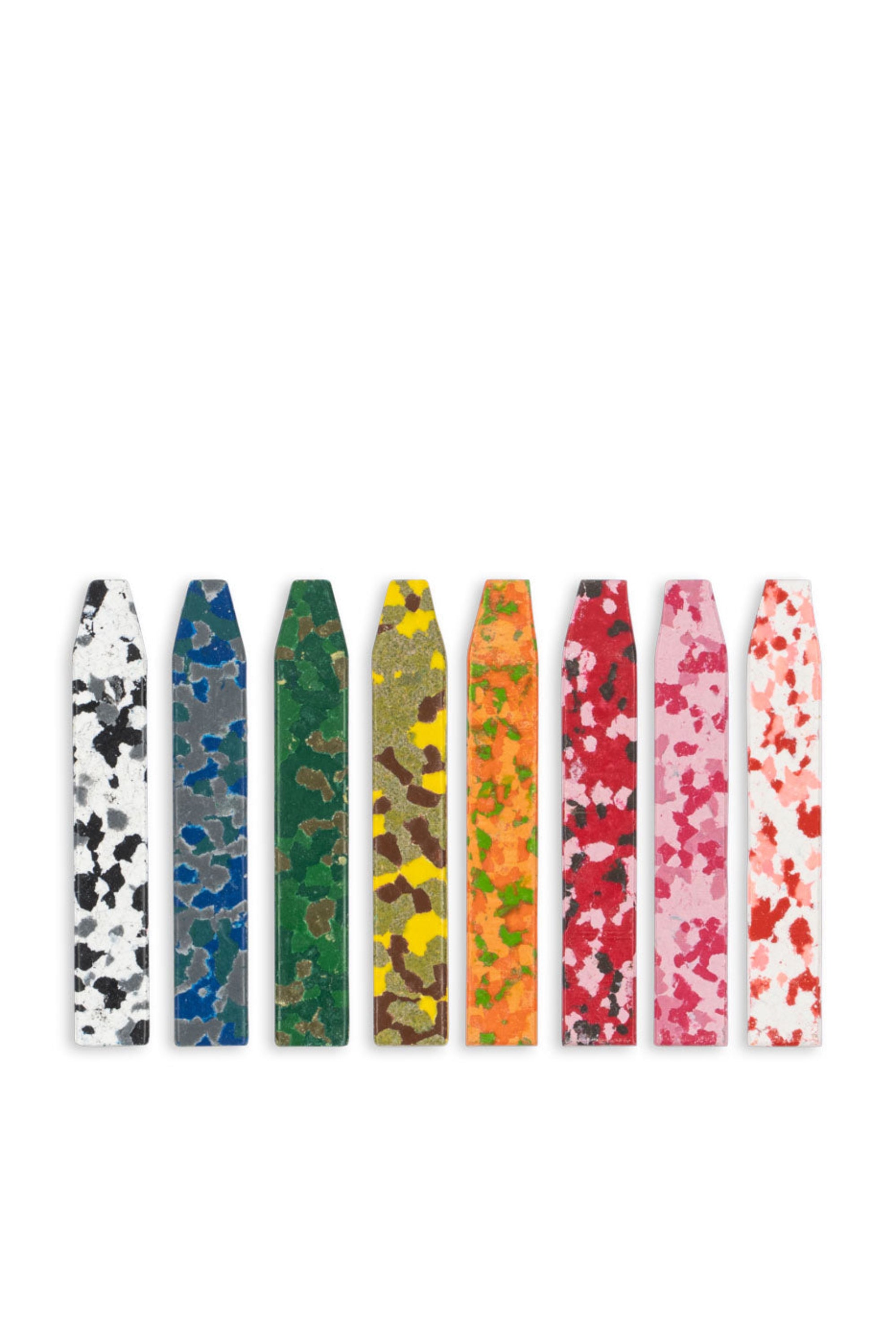 Seven crayons with colorful camouflage patterns in white, blue, green, yellow, orange, red, and pink, arranged in a row on a solid white background.