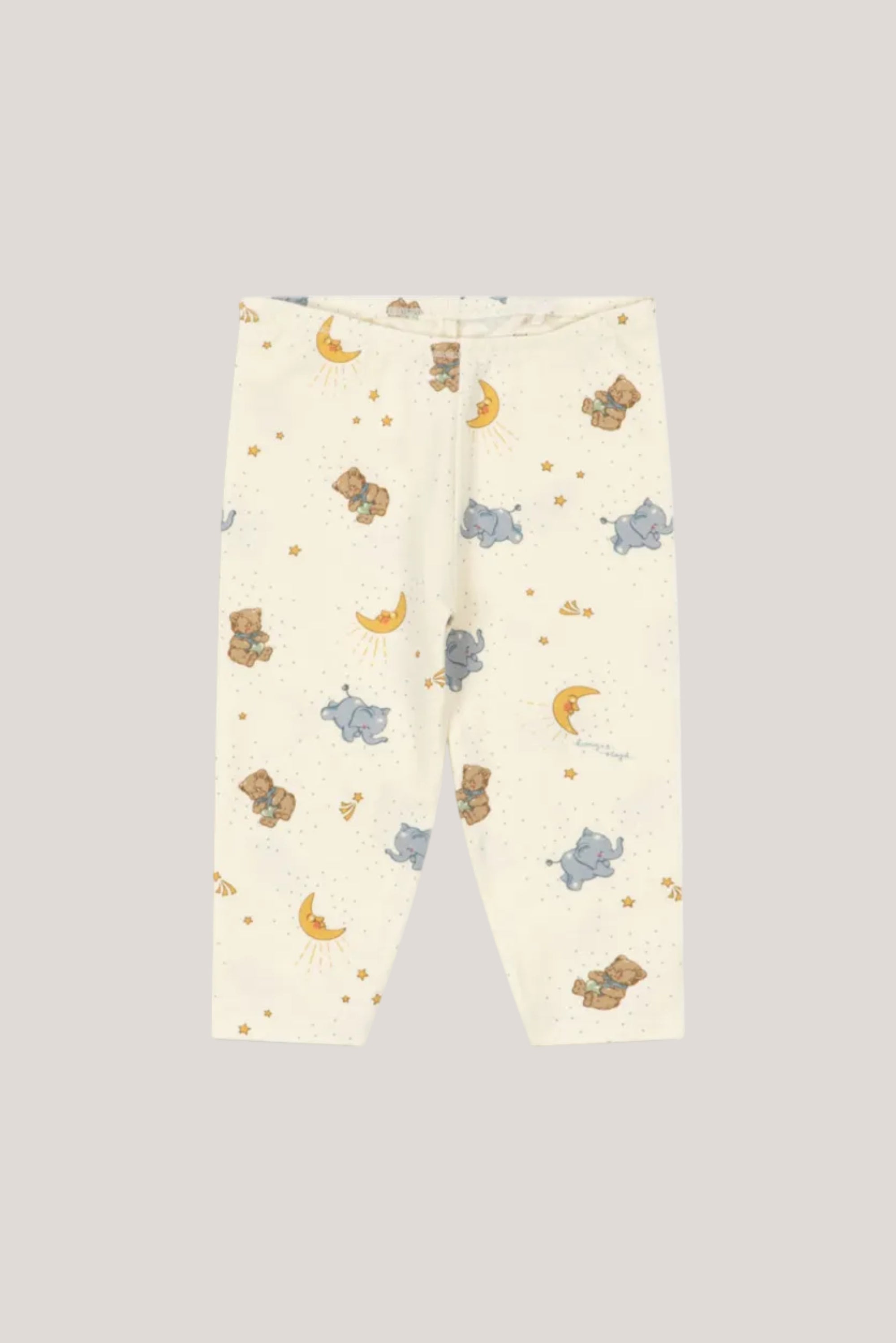Children's pajama pants with teddy bear and moon pattern on a white background