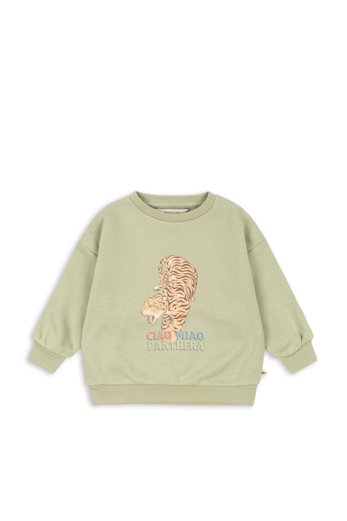 Green sweatshirt with a colorful lion graphic on a white background
